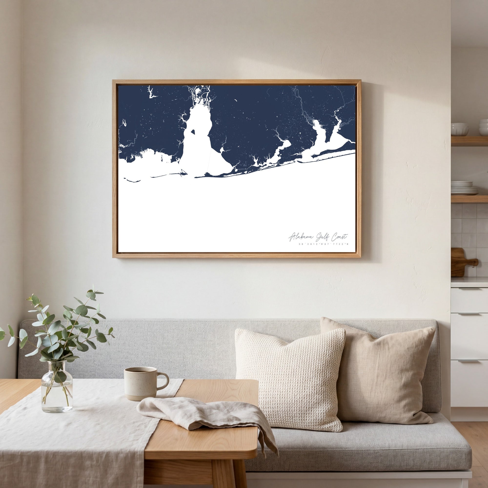 Alabama Gulf Coast navy horizontal canvas map in an oak framed room scene
