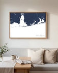 Alabama Gulf Coast navy horizontal canvas map in an oak framed room scene