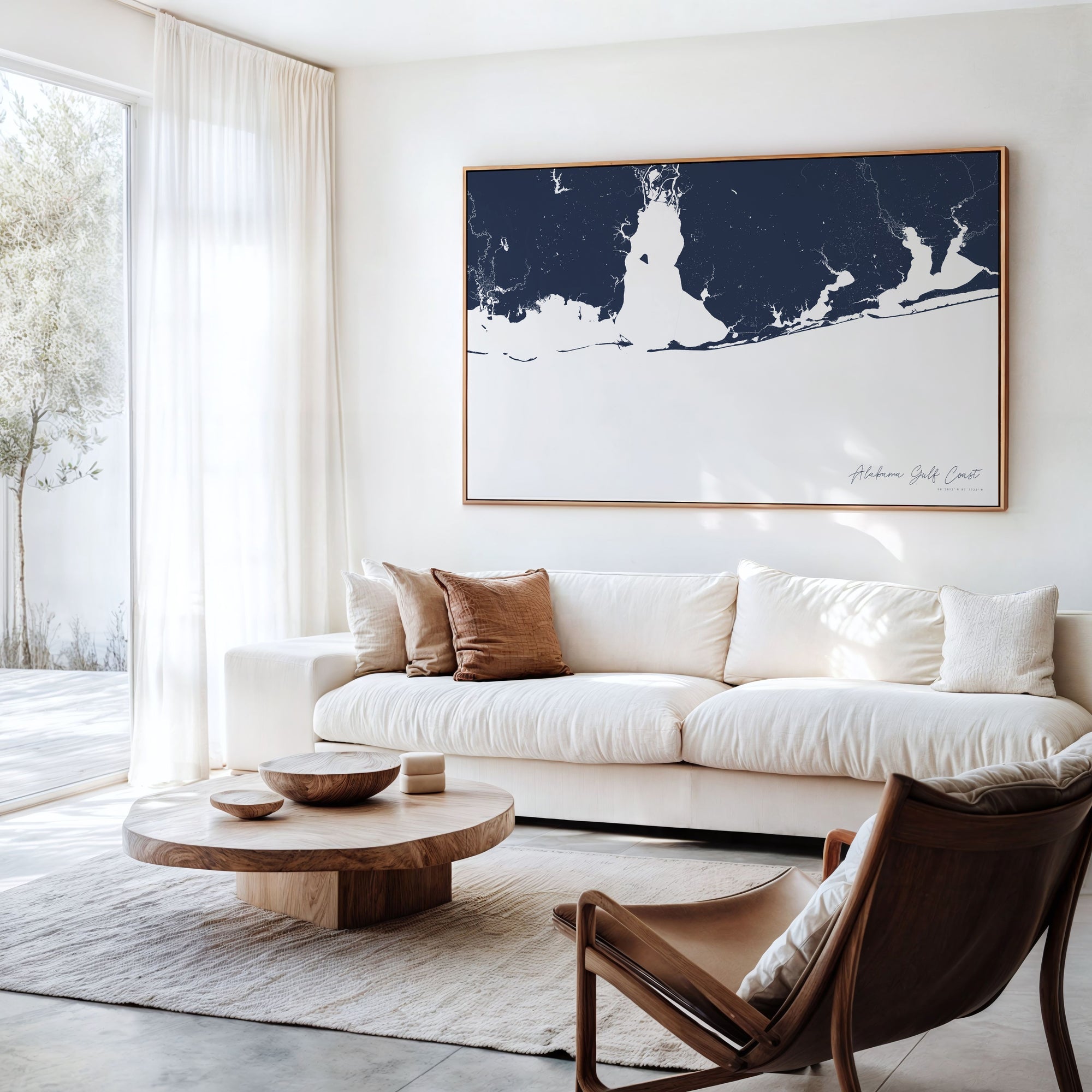 Alabama Gulf Coast navy horizontal canvas map in an oak framed room scene
