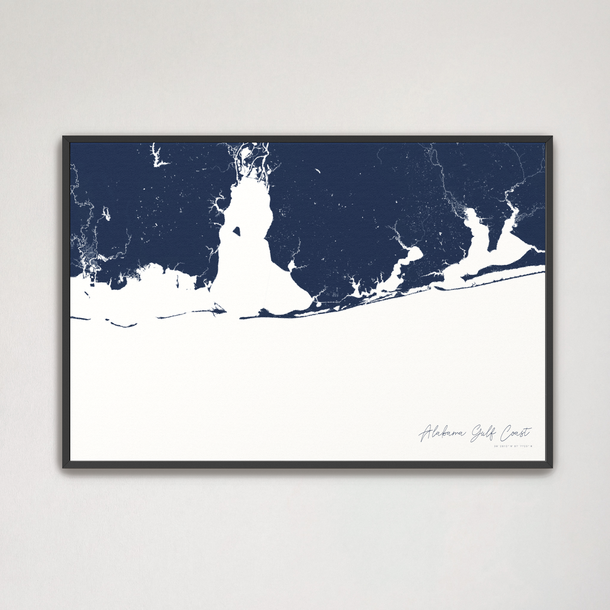 Alabama Gulf Coast Coastal Map — Canvas Horizontal, navy, Black Frame