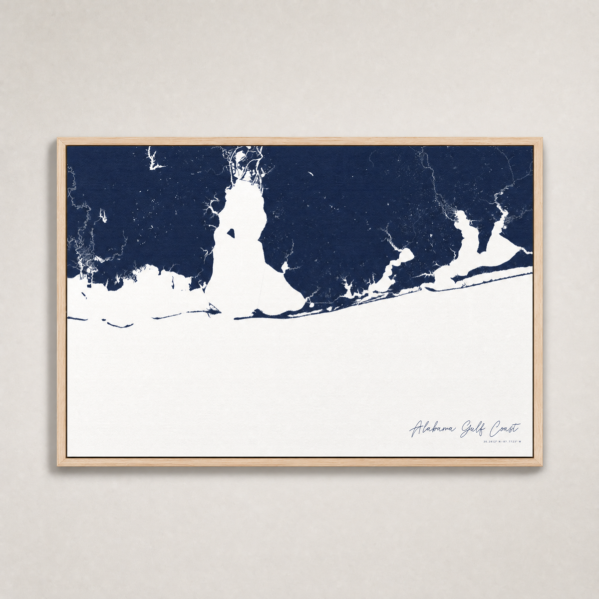 Alabama Gulf Coast Coastal Map — Canvas Horizontal — navy, Light Wood