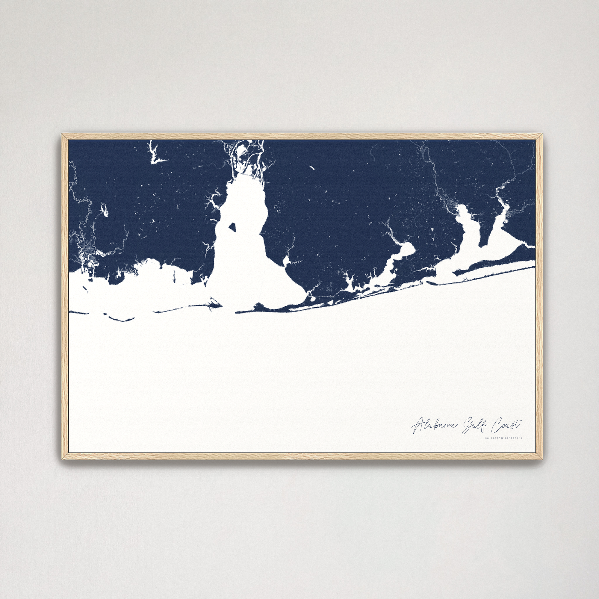 Alabama Gulf Coast Coastal Map — Canvas Horizontal, navy, Natural Oak