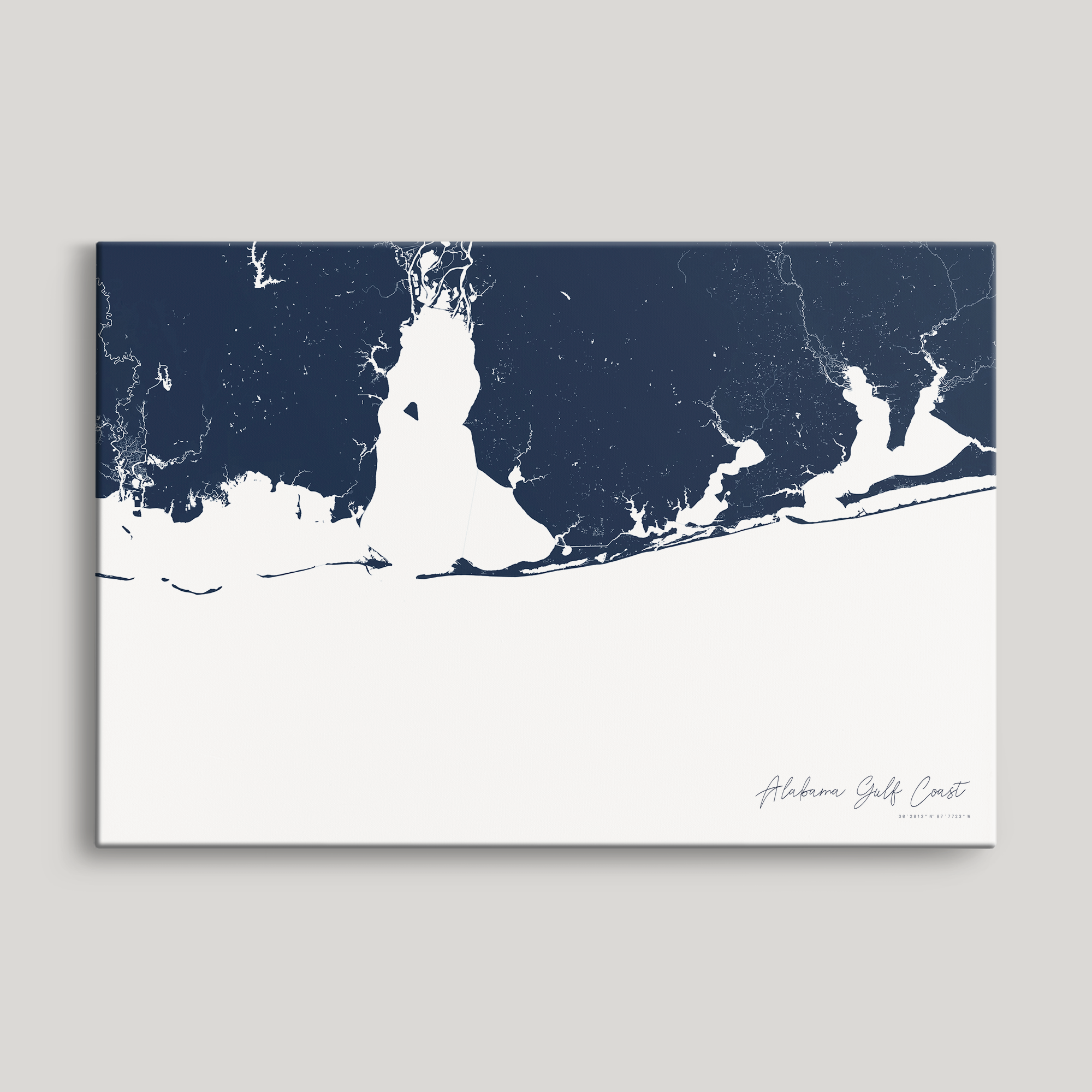Alabama Gulf Coast Coastal Map — Canvas Horizontal, navy, No Frame
