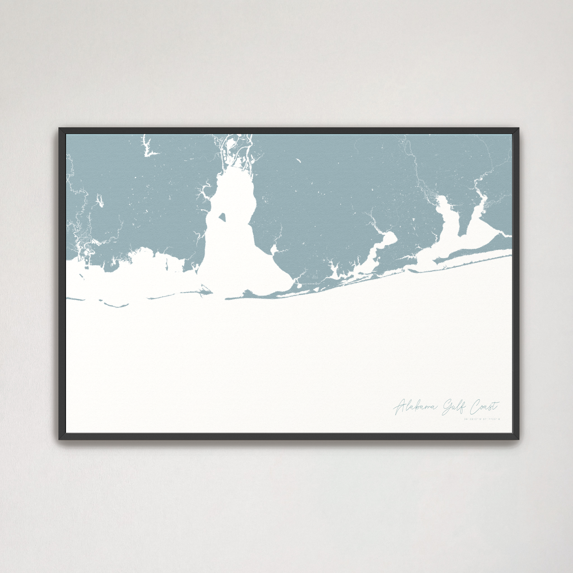 Alabama Gulf Coast Coastal Map — Canvas Horizontal, soft-blue, Black Frame