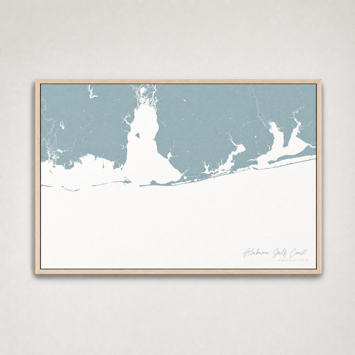 Alabama Gulf Coast Coastal Map — Canvas Horizontal — soft-blue, Light Wood