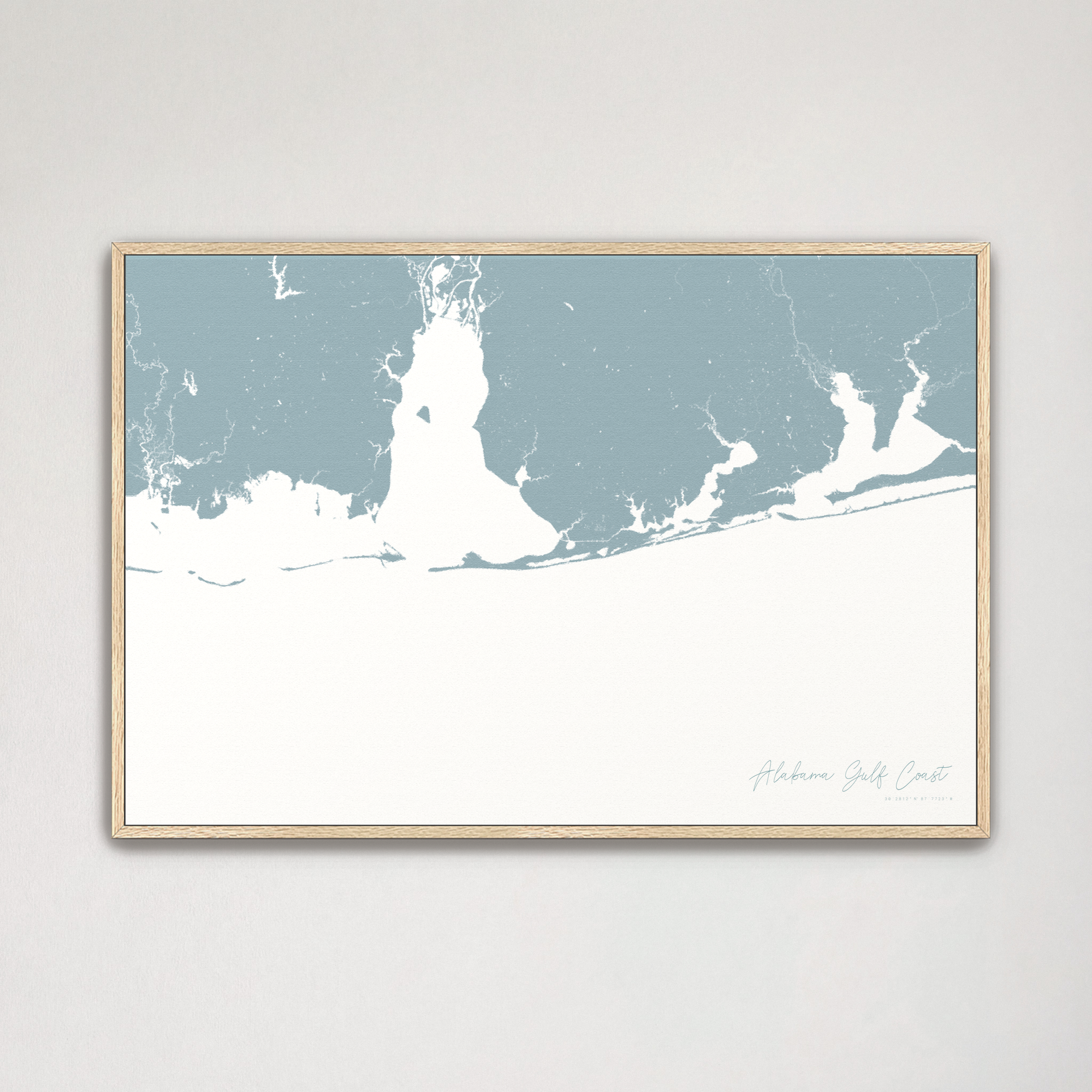 Alabama Gulf Coast Coastal Map — Canvas Horizontal, soft-blue, Natural Oak
