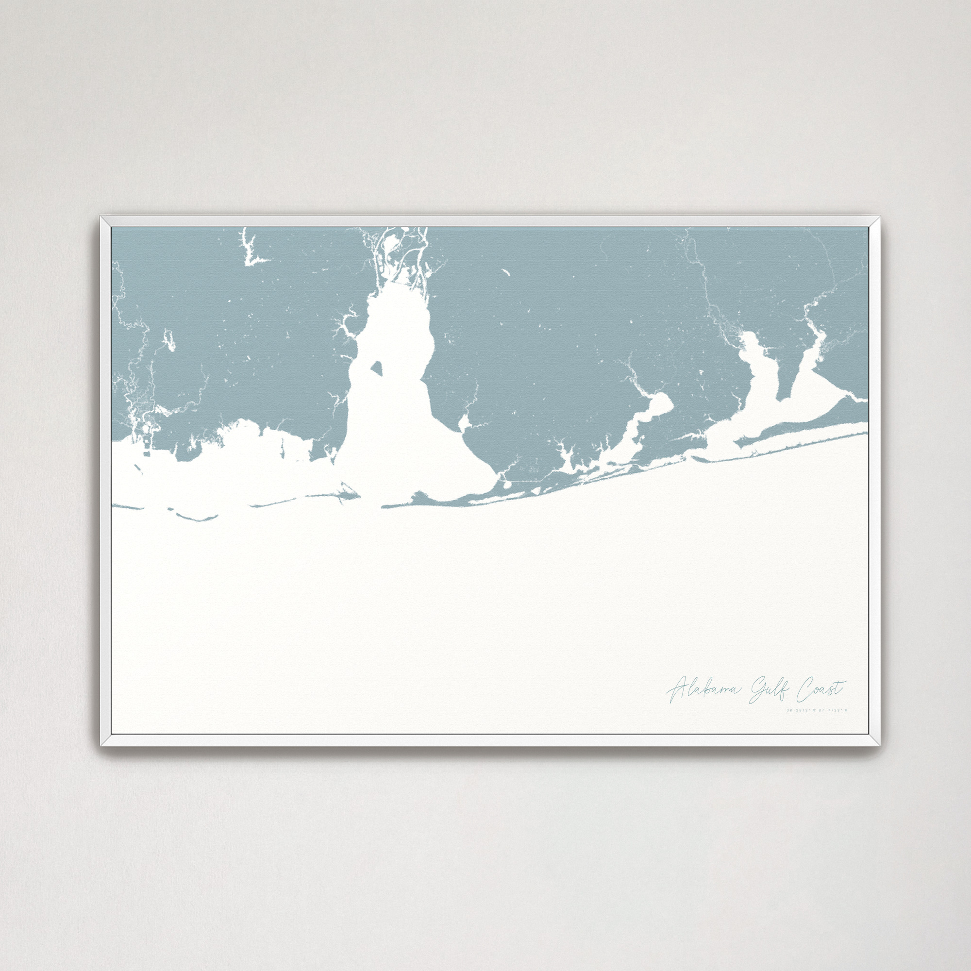 Alabama Gulf Coast Coastal Map — Canvas Horizontal, soft-blue, White Frame