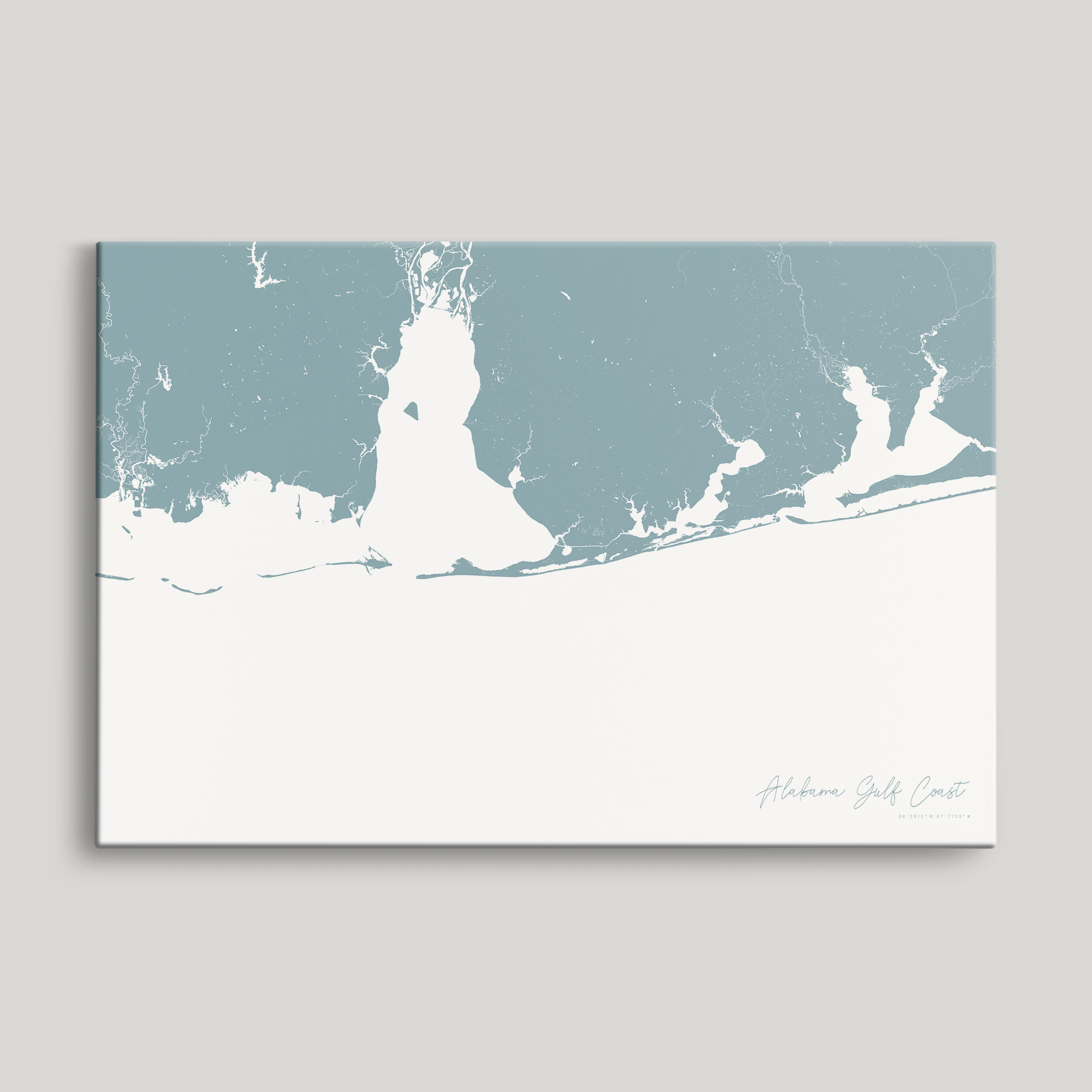 Alabama Gulf Coast Coastal Map — Canvas Horizontal, soft-blue, No Frame