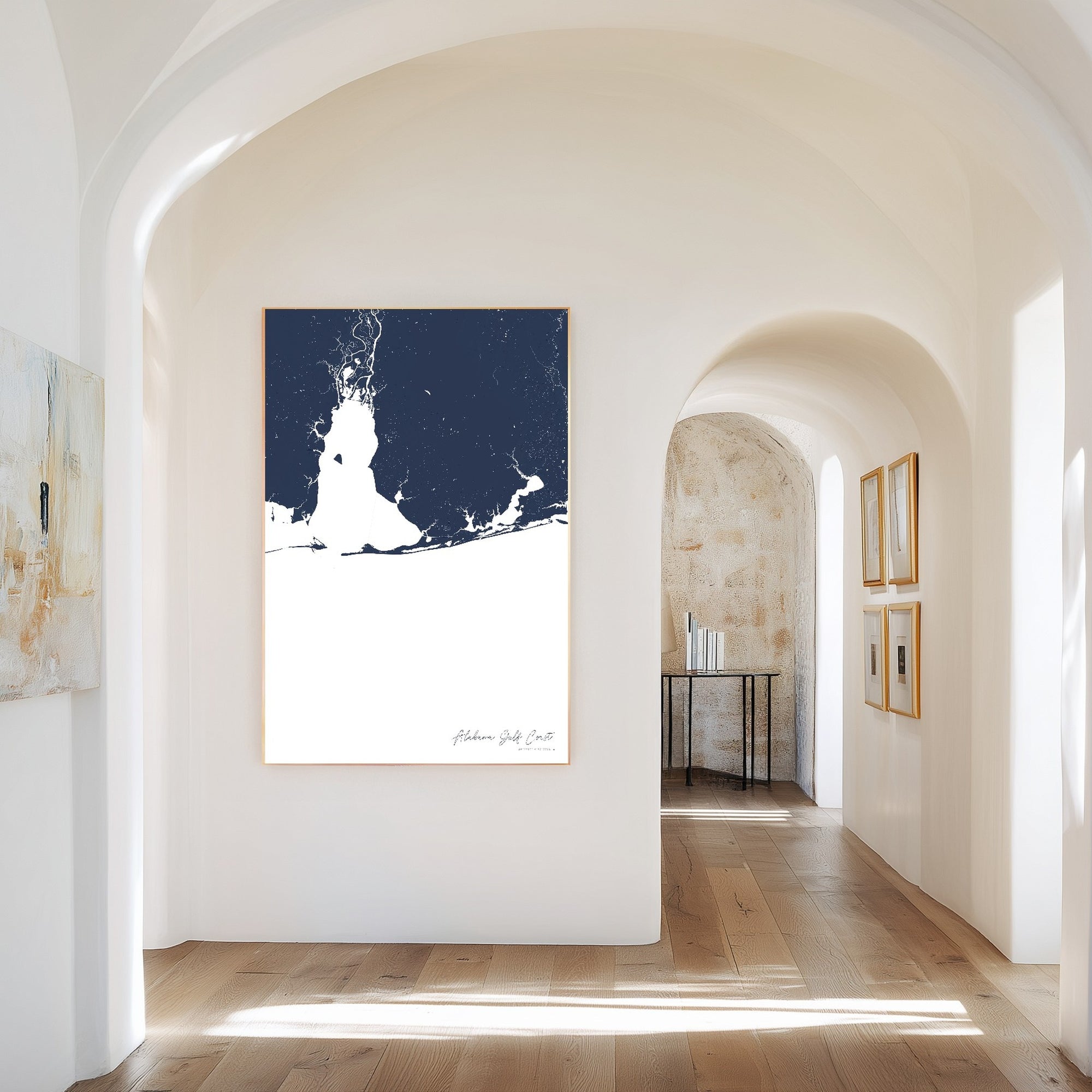 Alabama Gulf Coast navy vertical canvas map in the Bello mixed room scene