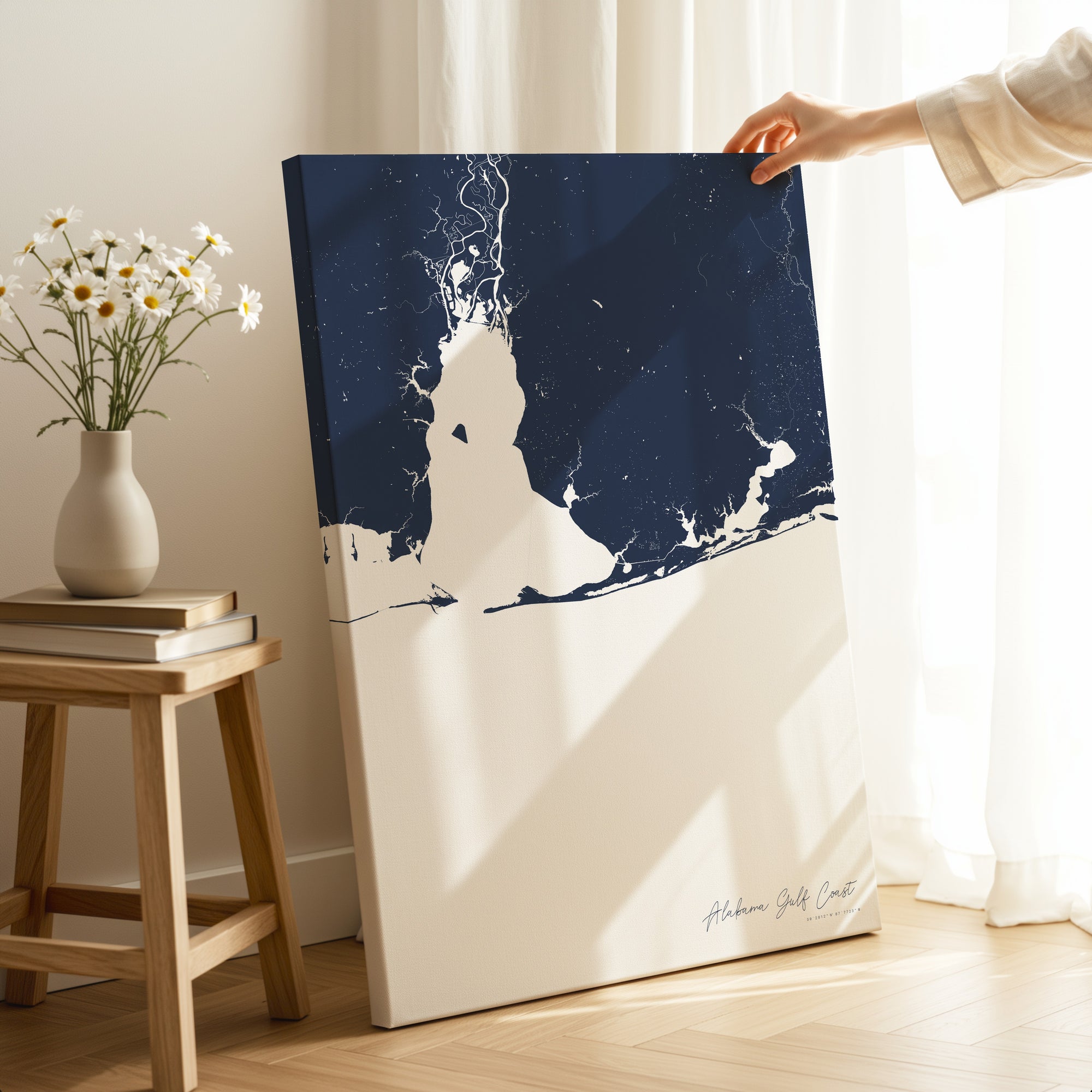 Alabama Gulf Coast navy vertical wrapped canvas map in the ratio 2:3 hand mockup