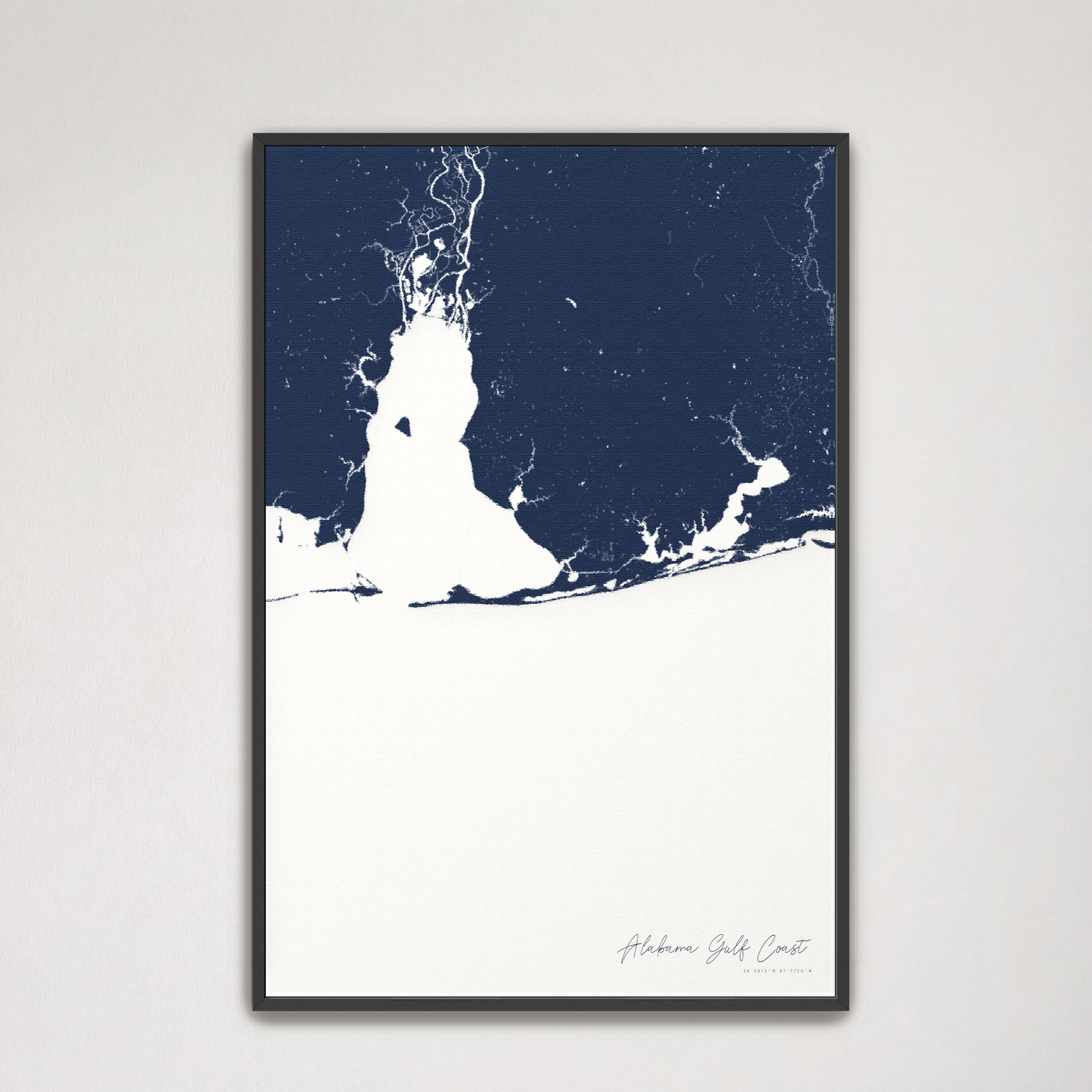 Alabama Gulf Coast Coastal Map — Canvas Vertical, navy, Black Frame