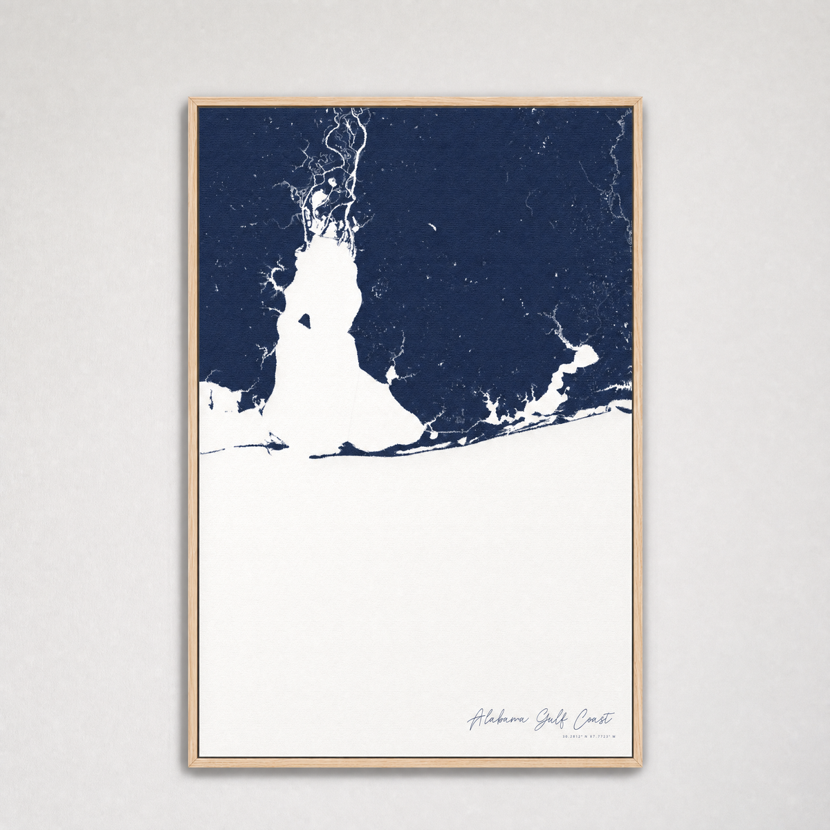 Alabama Gulf Coast Coastal Map — Canvas Vertical — navy, Light Wood