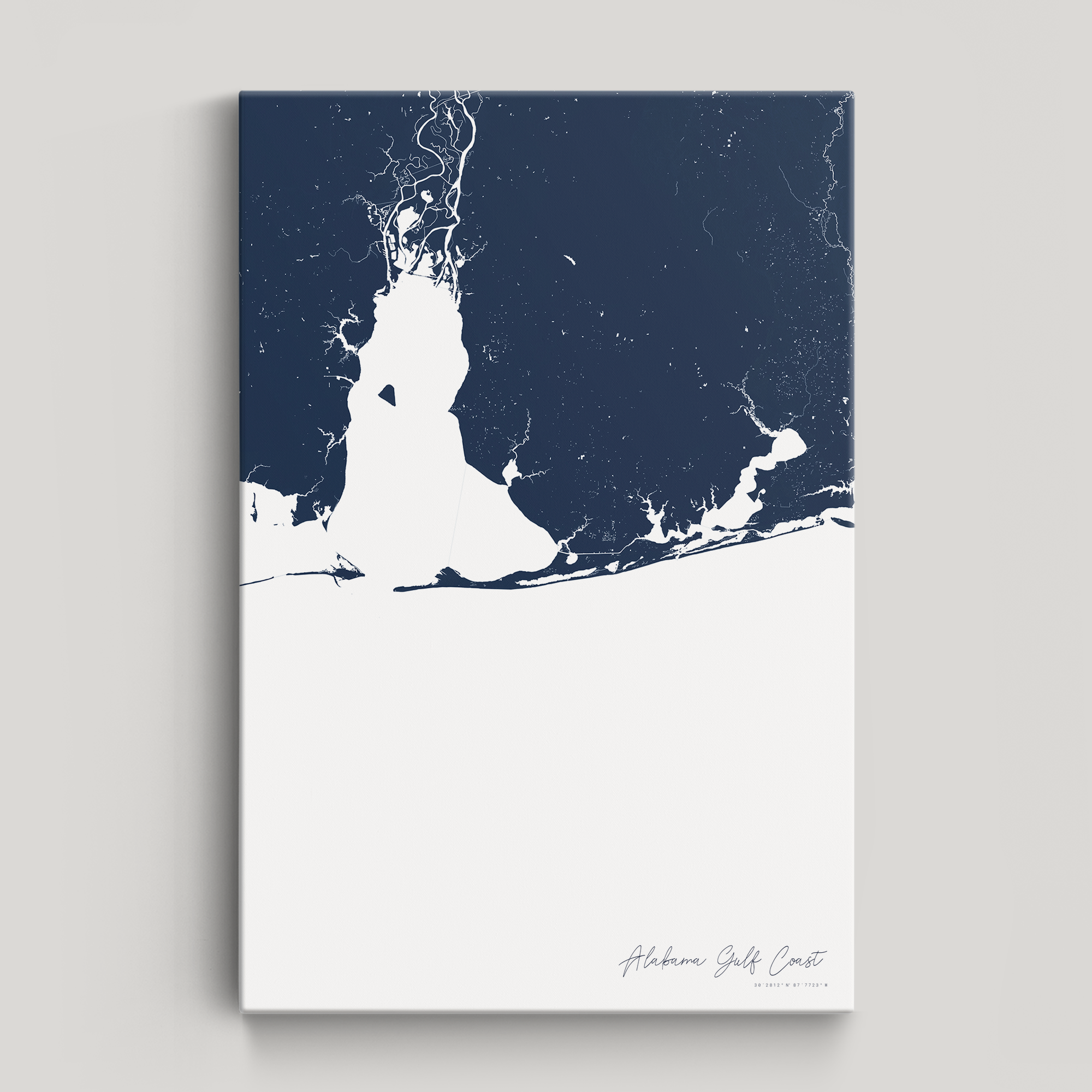 Alabama Gulf Coast Coastal Map — Canvas Vertical, navy, No Frame
