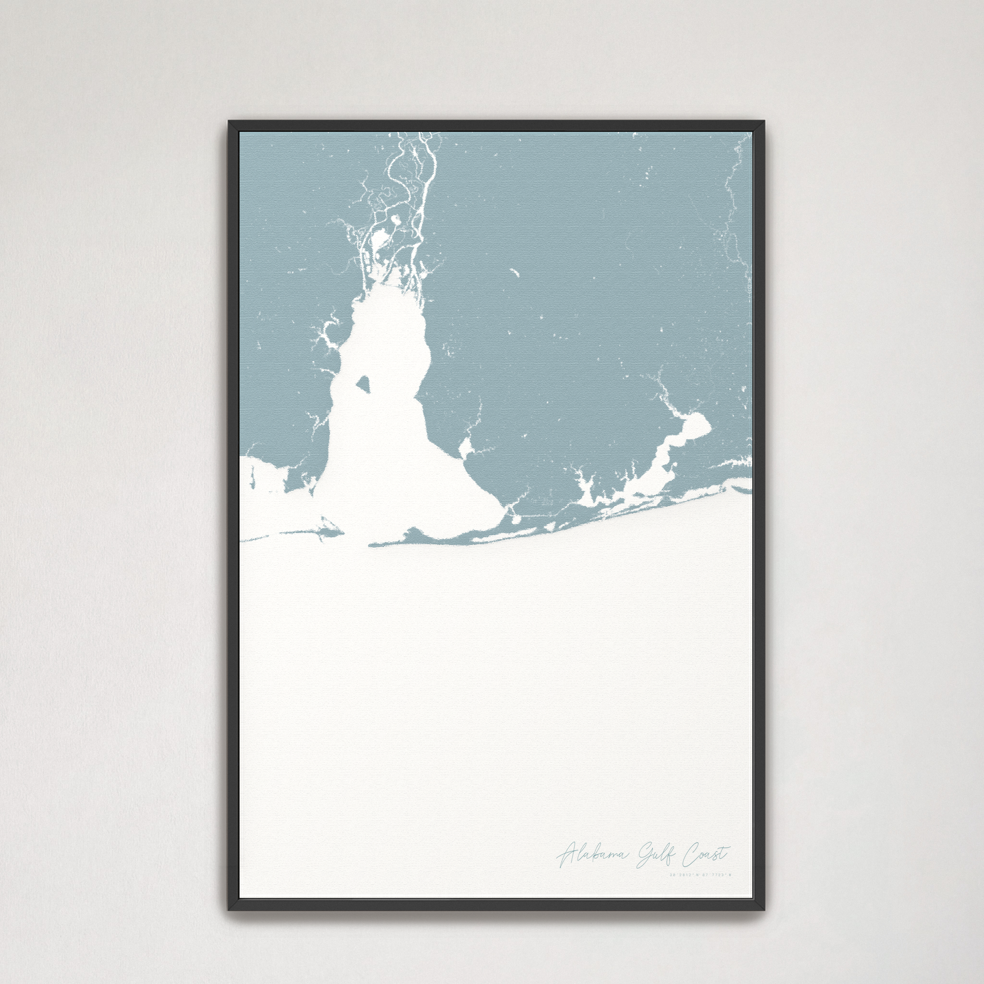 Alabama Gulf Coast Coastal Map — Canvas Vertical, soft-blue, Black Frame