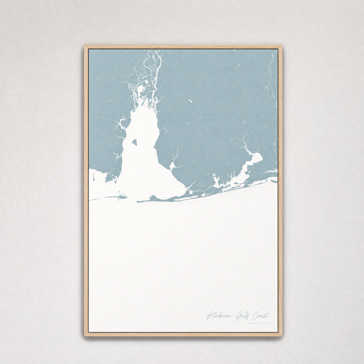 Alabama Gulf Coast Coastal Map — Canvas Vertical — soft-blue, Light Wood