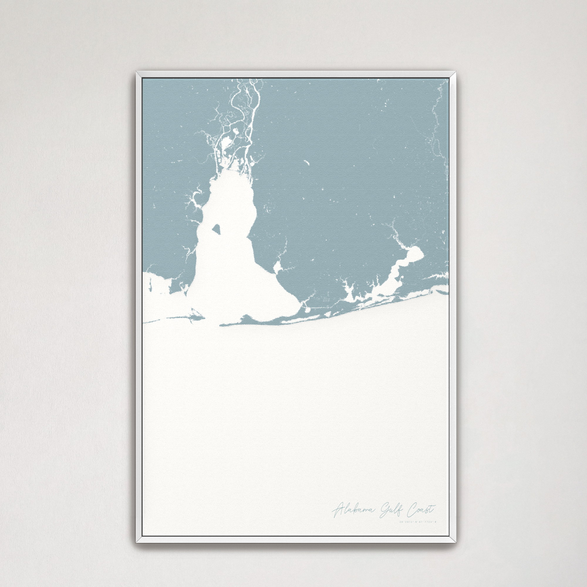 Alabama Gulf Coast Coastal Map — Canvas Vertical, soft-blue, White Frame