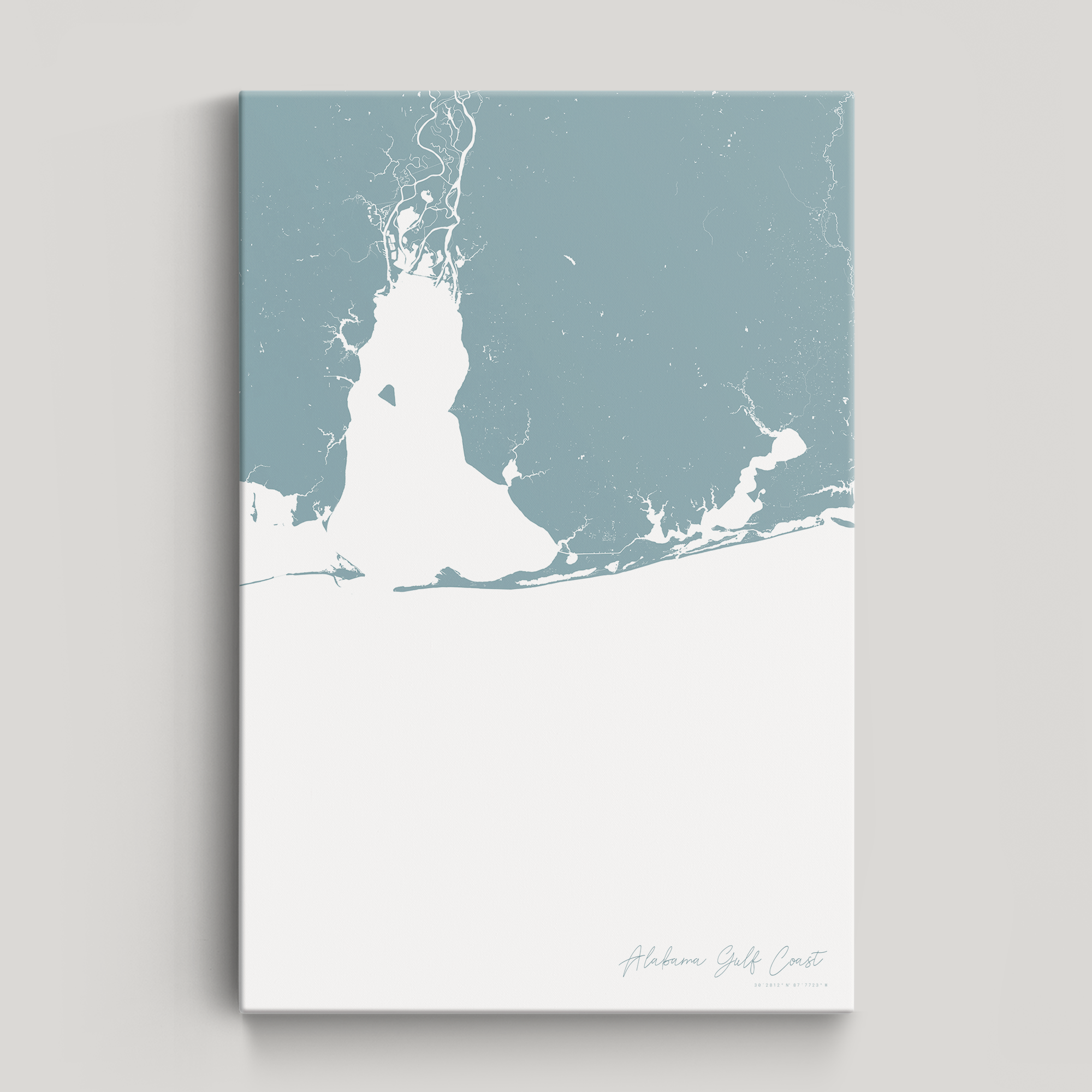 Alabama Gulf Coast Coastal Map — Canvas Vertical, soft-blue, No Frame