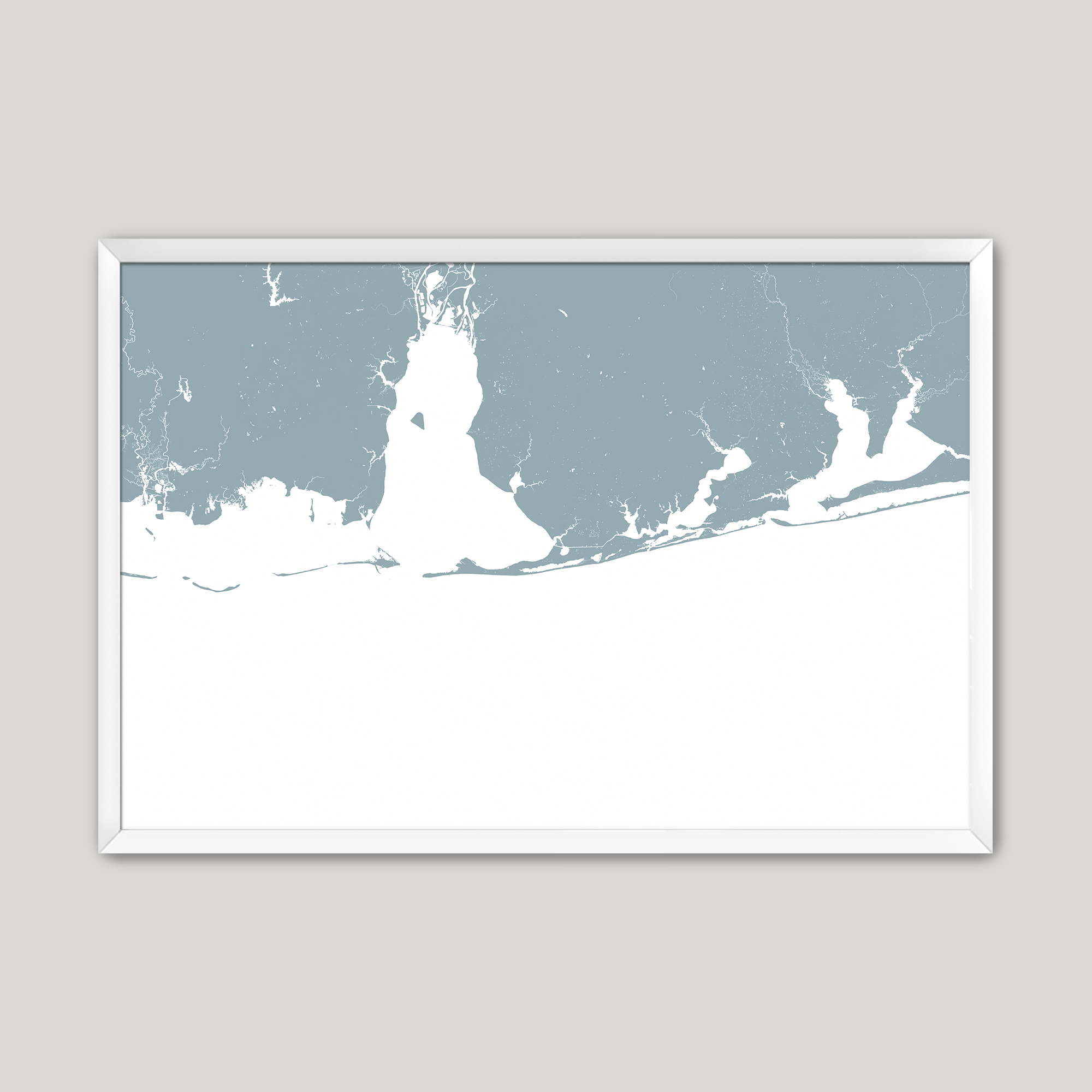 Alabama Gulf Coast Coastal Map — Fine Art Print Horizontal, soft-blue, White Frame, 10x8