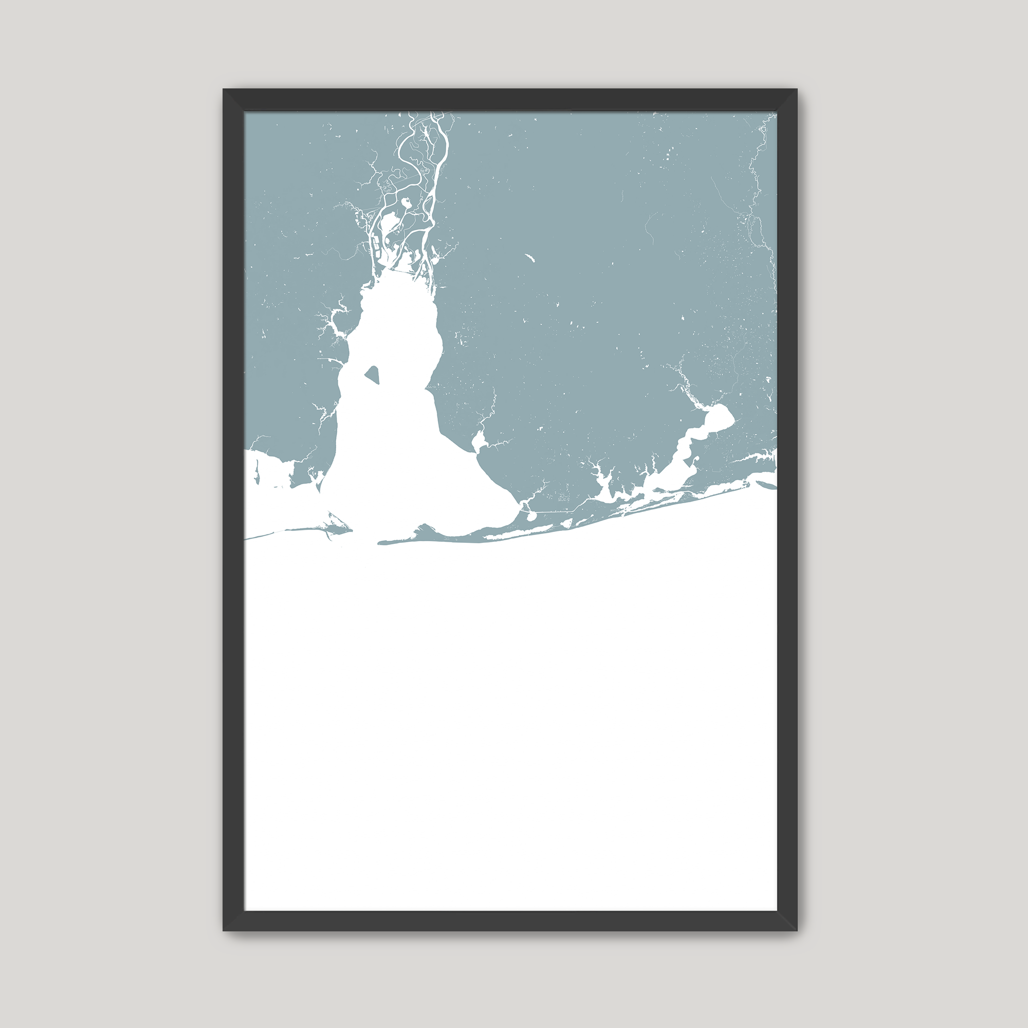 Alabama Gulf Coast Coastal Map — Fine Art Print Vertical, soft-blue, Black Frame, 8x10