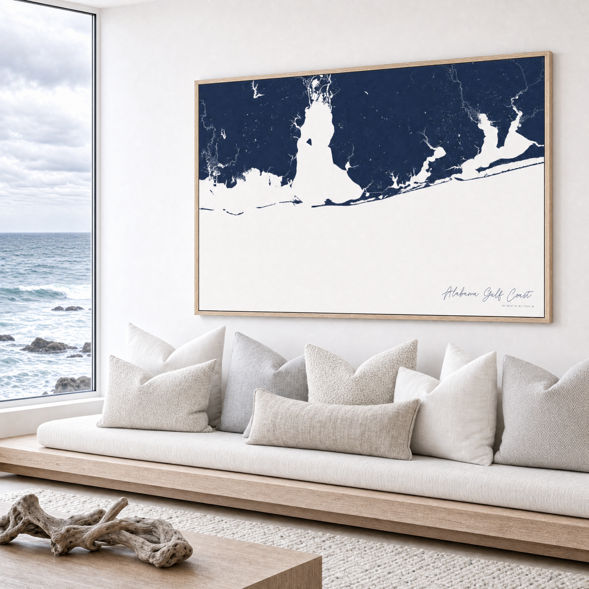 Alabama Gulf Coast canvas map — sea-view bench interior