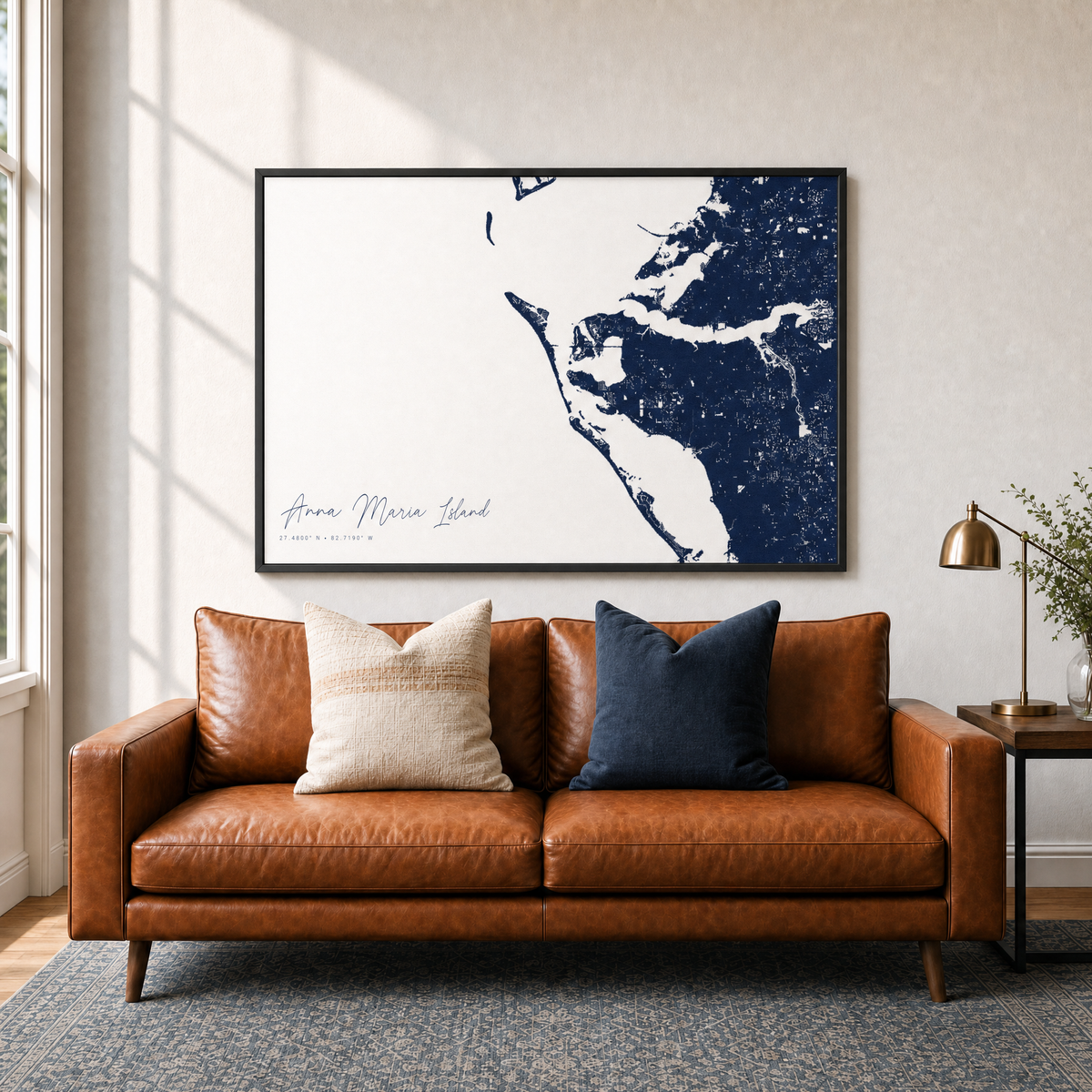 Anna Maria Island canvas map — two-pillow black-frame sofa interior
