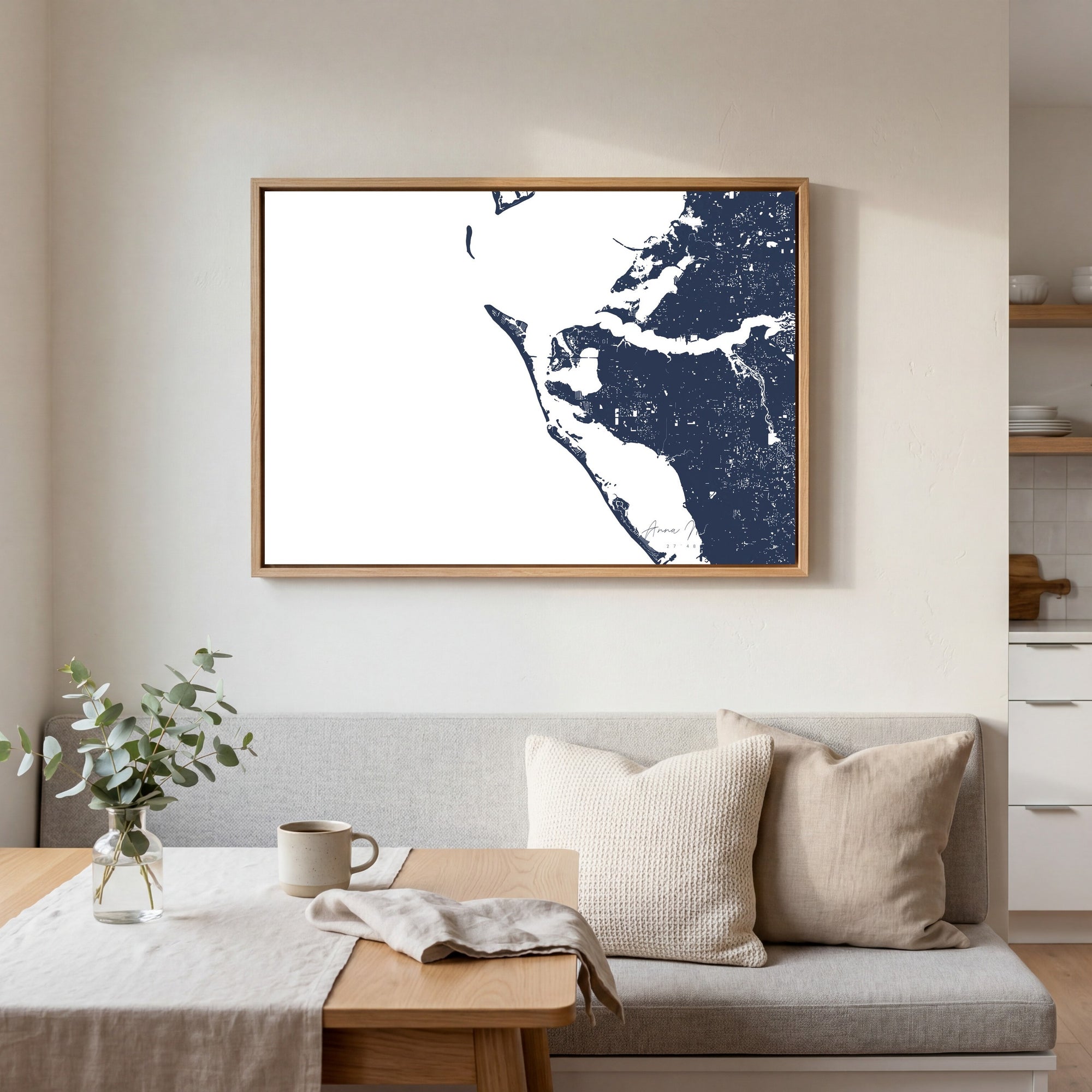 Anna Maria Island navy horizontal canvas map in an oak framed room scene