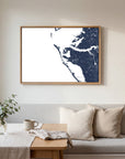 Anna Maria Island navy horizontal canvas map in an oak framed room scene