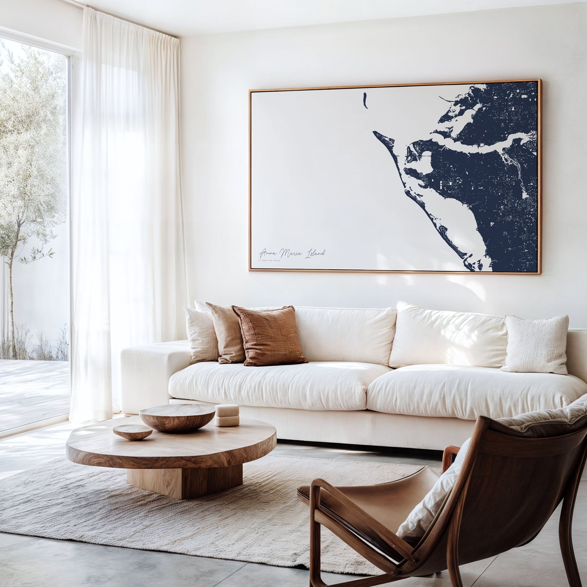 Anna Maria Island navy horizontal canvas map in an oak framed room scene