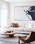Anna Maria Island navy horizontal canvas map in an oak framed room scene