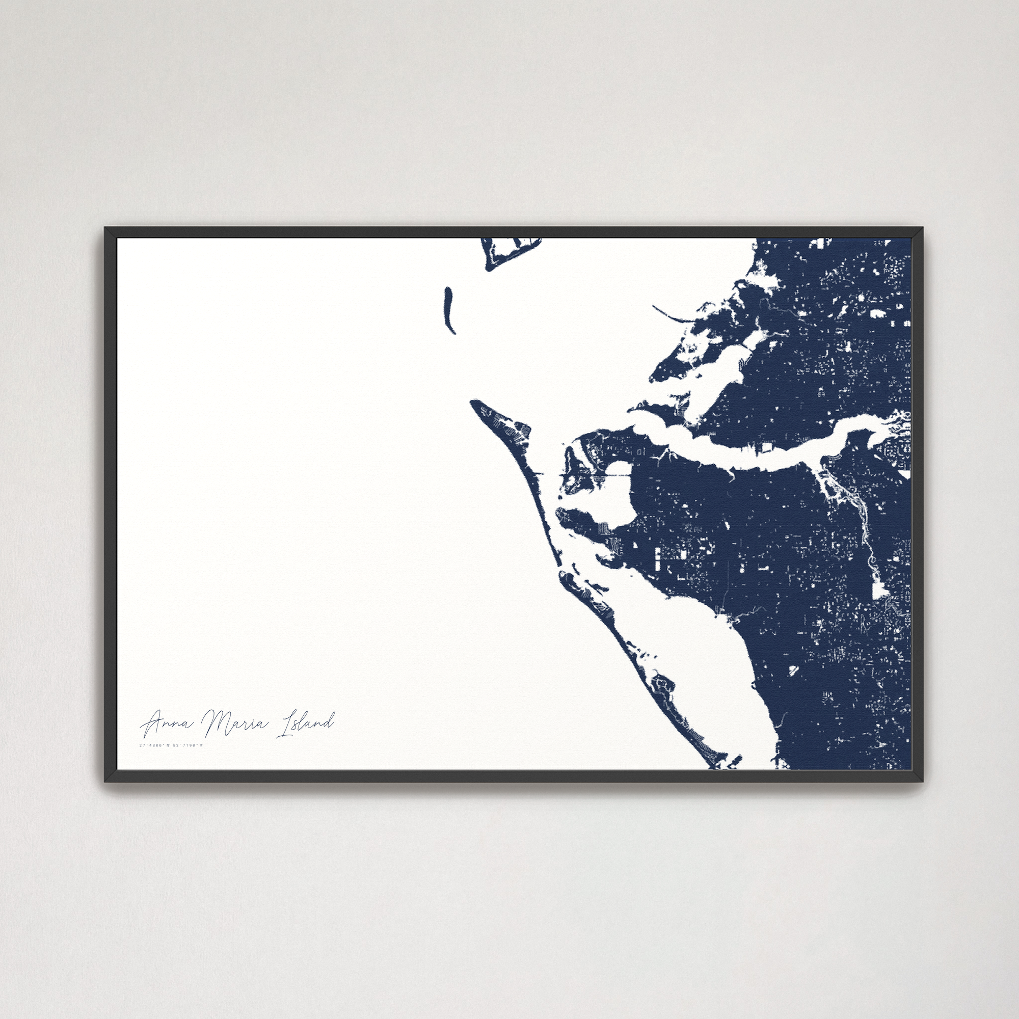 Anna Maria Island Coastal Map — Canvas Horizontal, navy, Black Frame