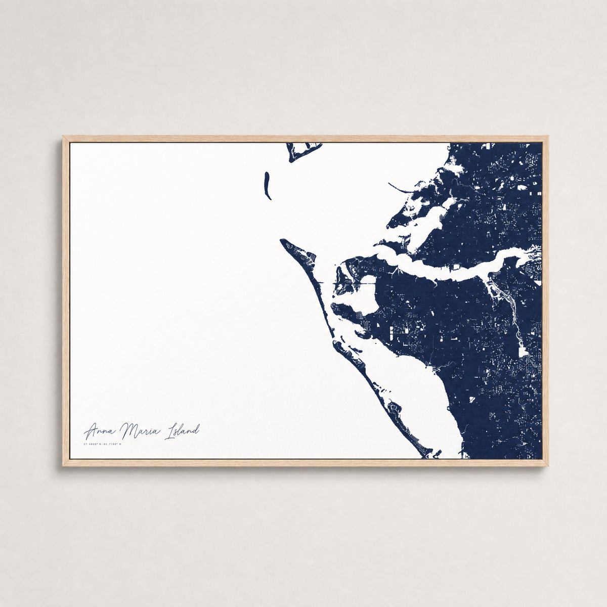 Anna Maria Island Coastal Map — Canvas Horizontal — navy, Light Wood