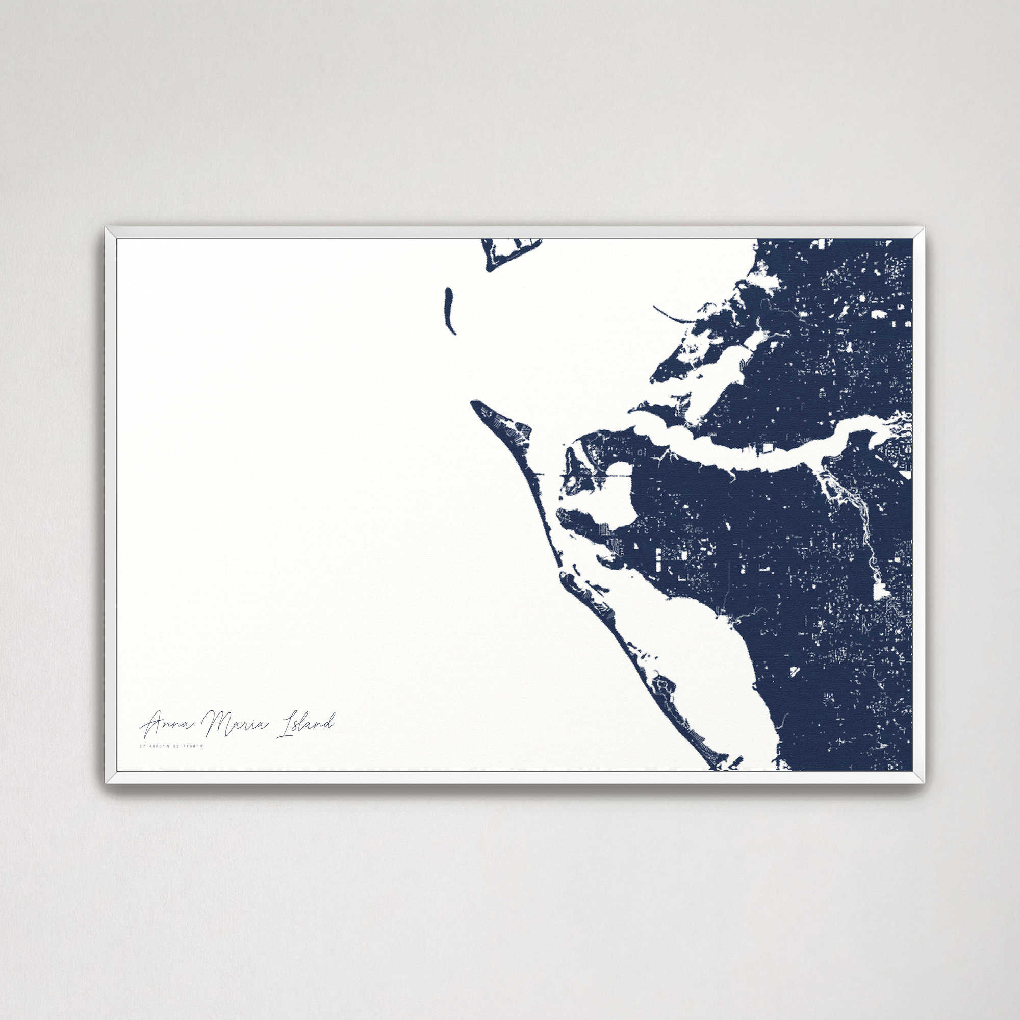 Anna Maria Island Coastal Map — Canvas Horizontal, navy, White Frame