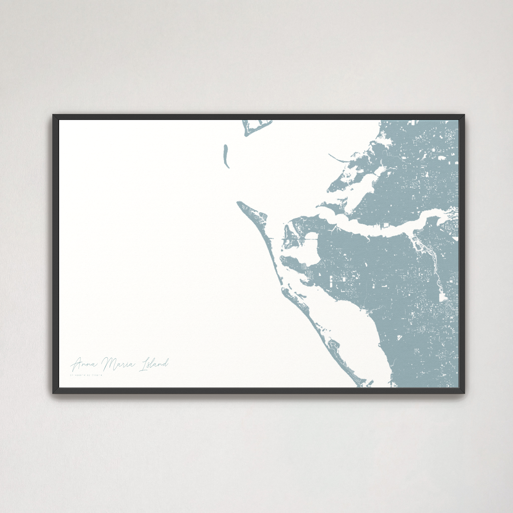 Anna Maria Island Coastal Map — Canvas Horizontal, soft-blue, Black Frame