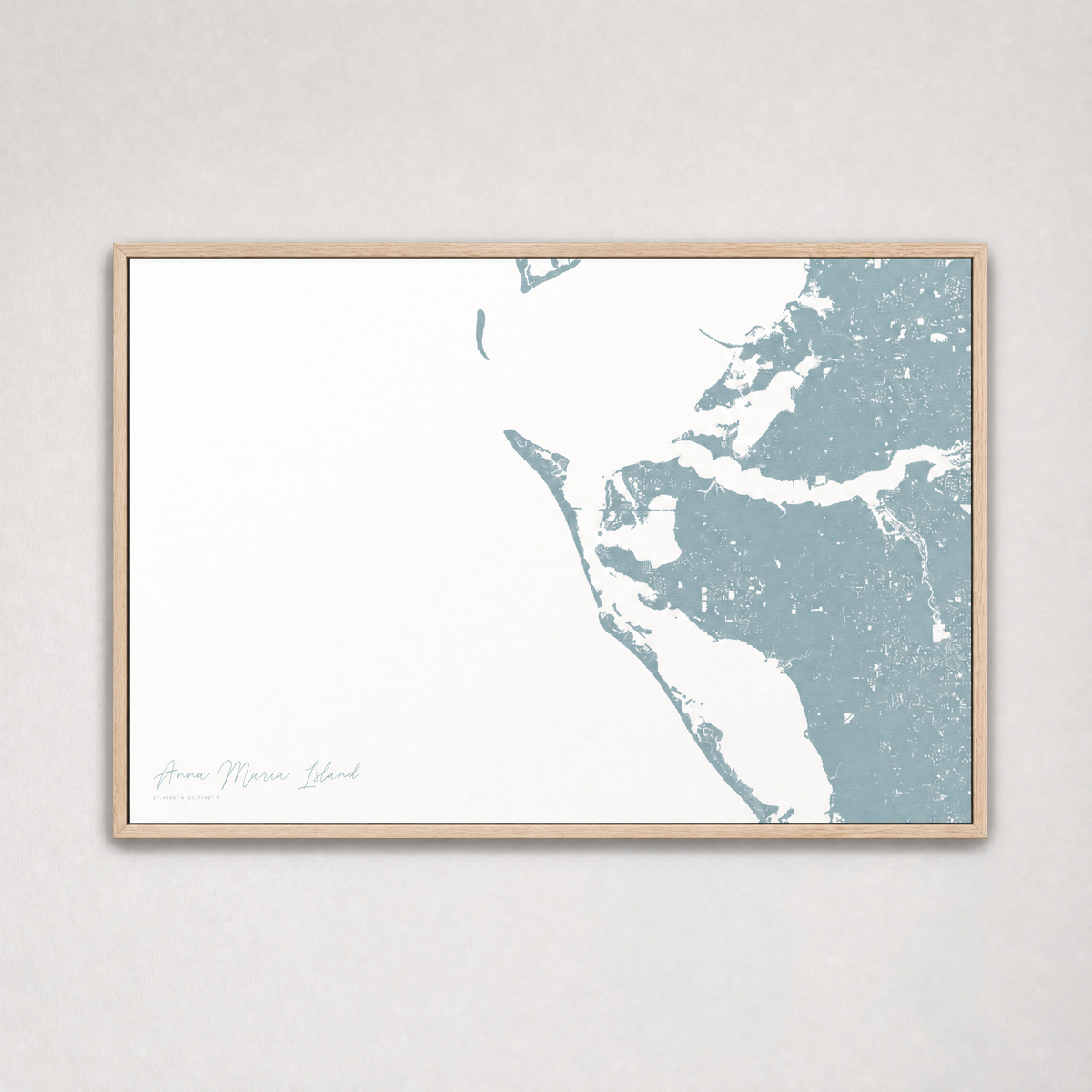 Anna Maria Island Coastal Map — Canvas Horizontal — soft-blue, Light Wood