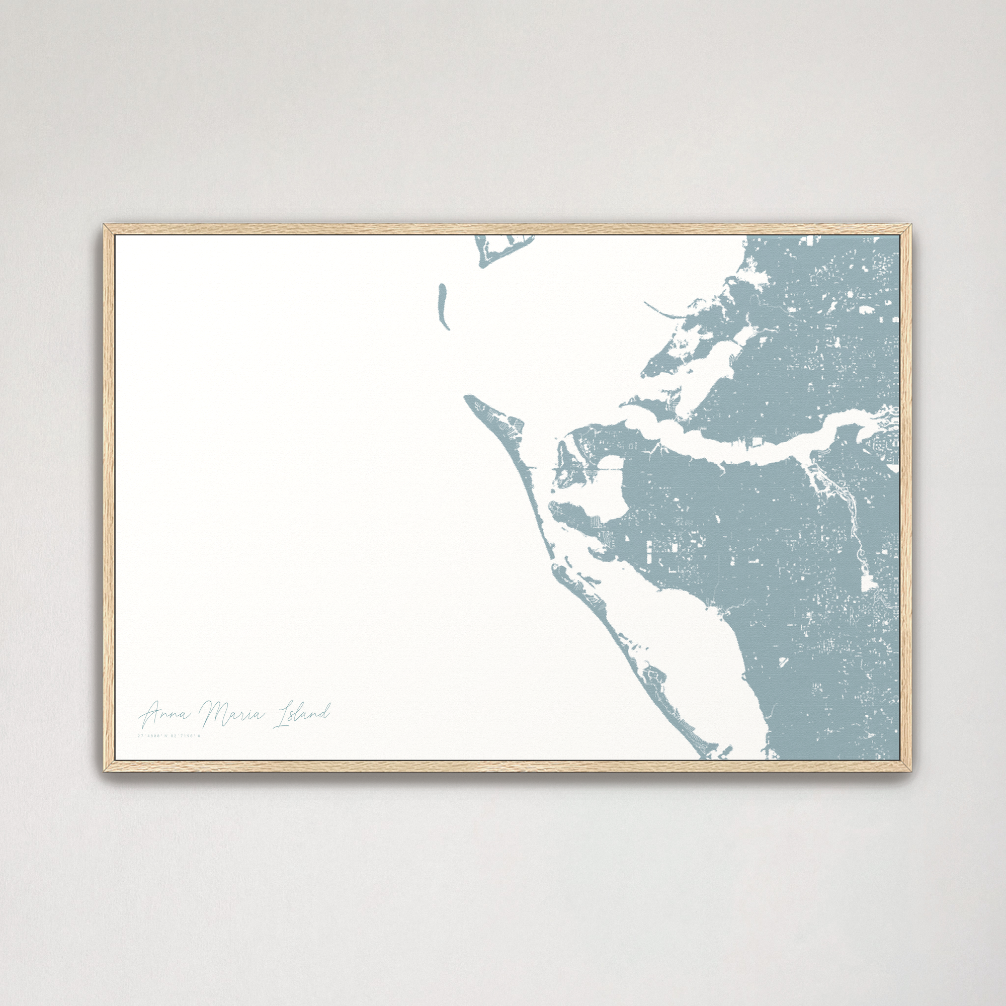 Anna Maria Island Coastal Map — Canvas Horizontal, soft-blue, Natural Oak