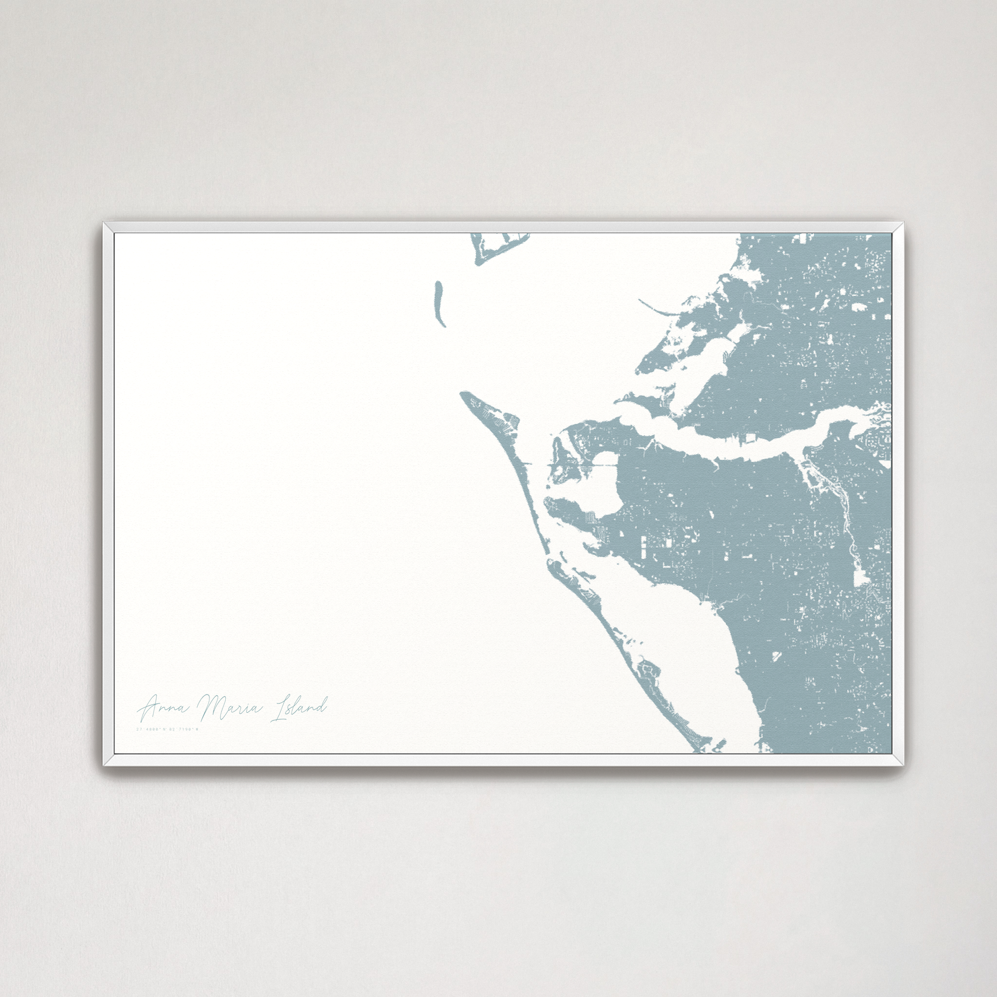 Anna Maria Island Coastal Map — Canvas Horizontal, soft-blue, White Frame