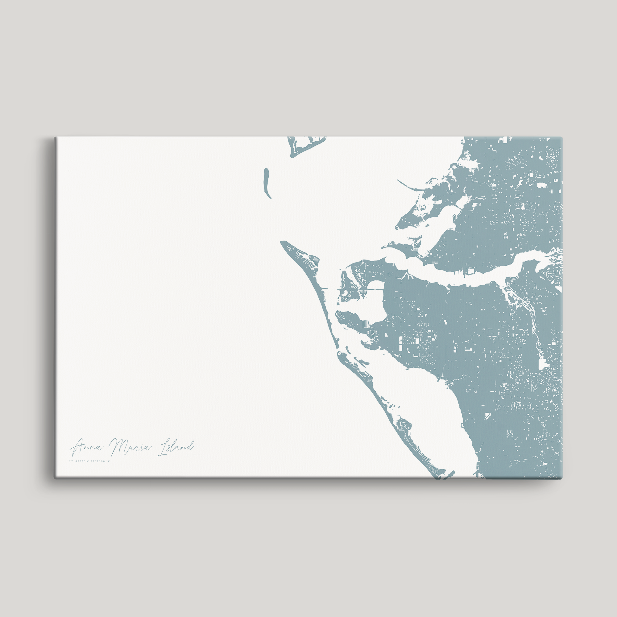 Anna Maria Island Coastal Map — Canvas Horizontal, soft-blue, No Frame