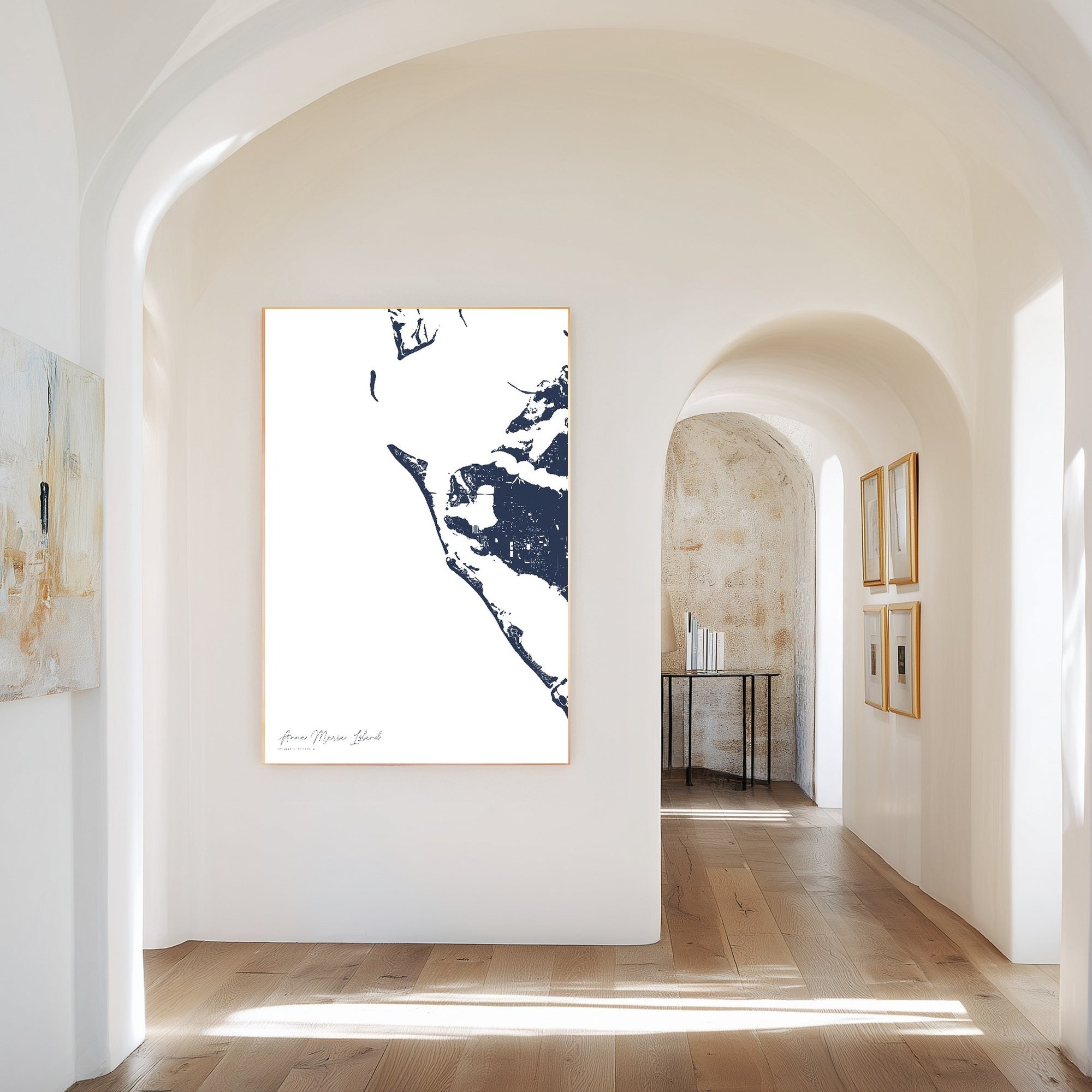 Anna Maria Island navy vertical canvas map in the Bello mixed room scene