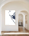 Anna Maria Island navy vertical canvas map in the Bello mixed room scene