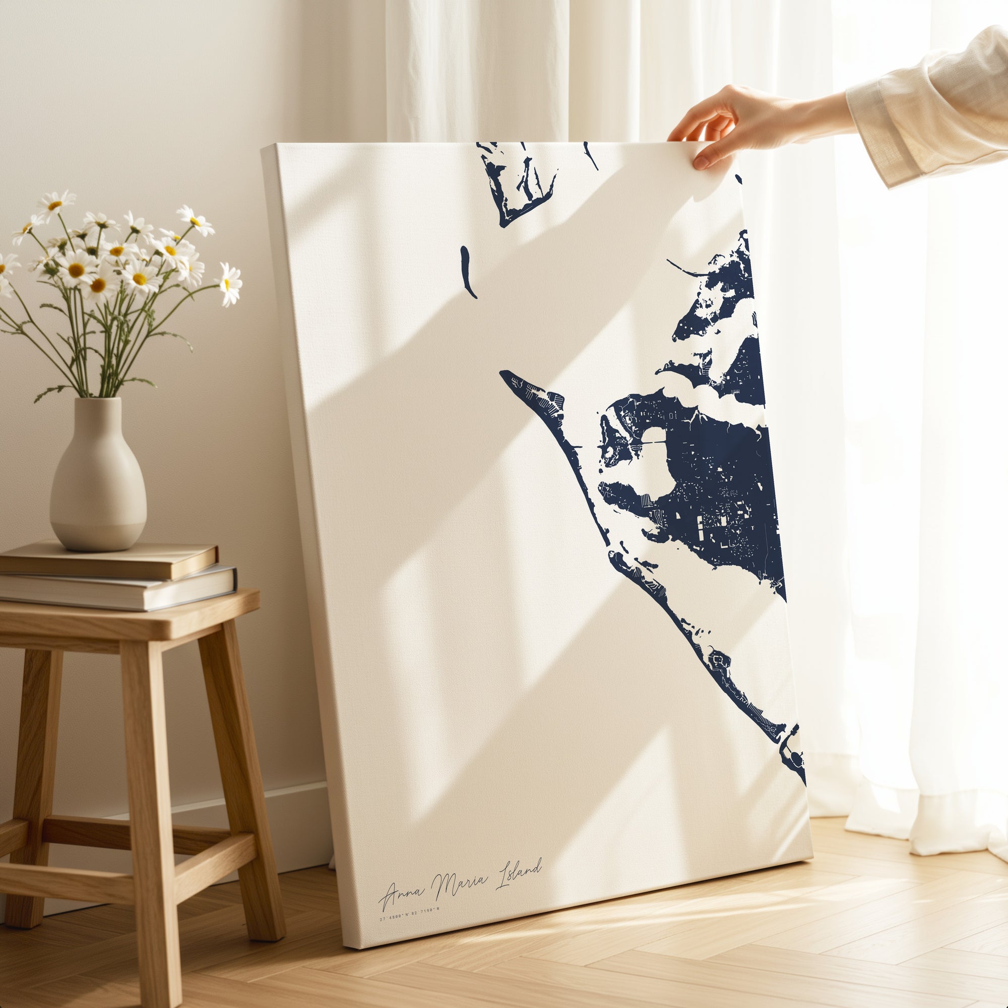 Anna Maria Island navy vertical wrapped canvas map in the ratio 2:3 hand mockup