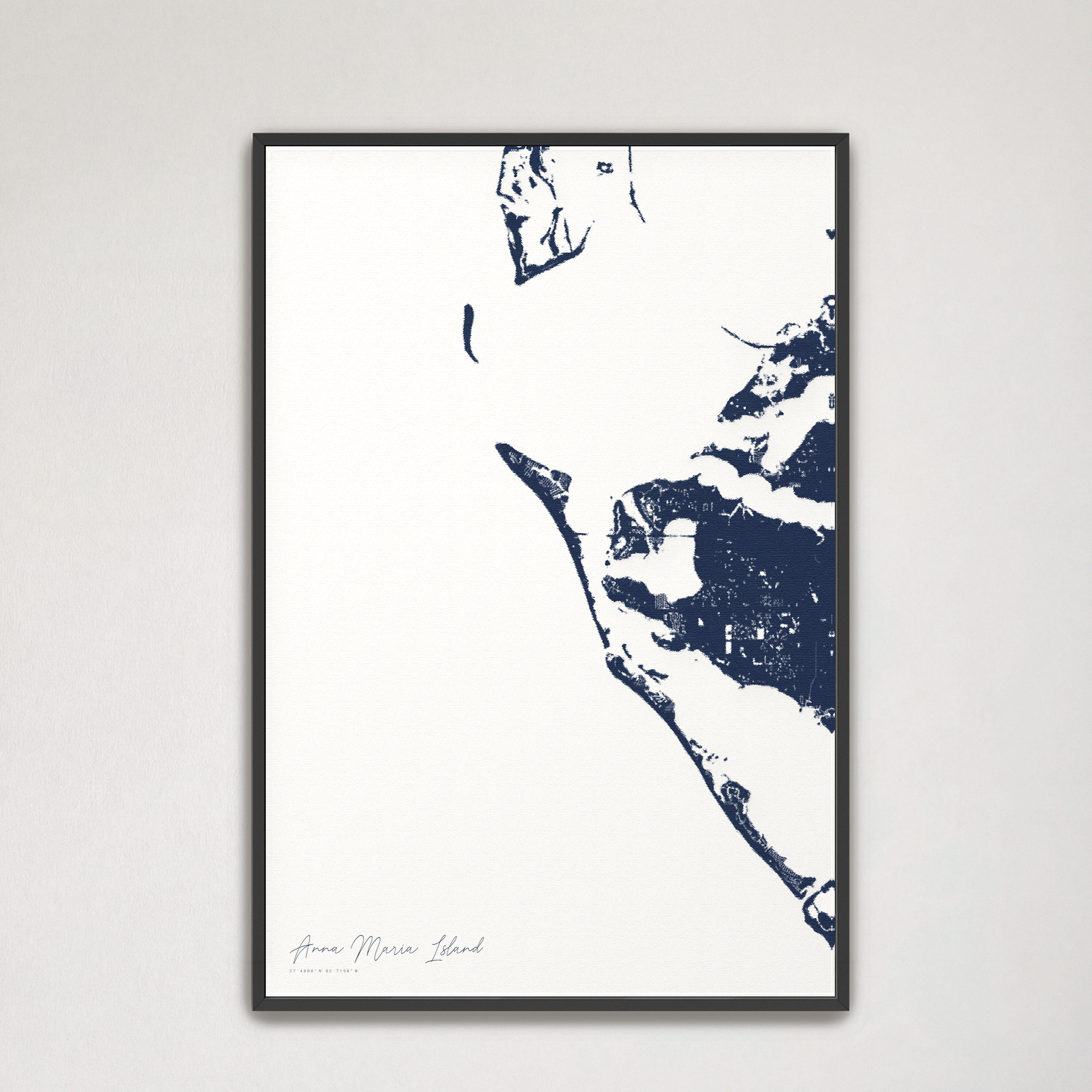 Anna Maria Island Coastal Map — Canvas Vertical, navy, Black Frame