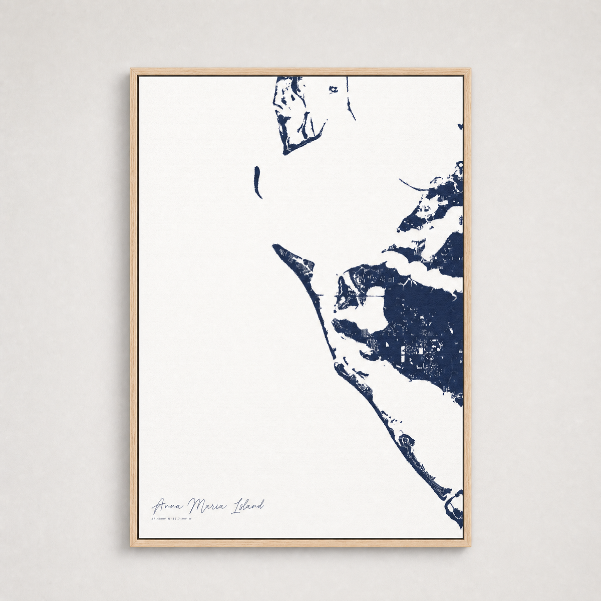 Anna Maria Island Coastal Map — Canvas Vertical — navy, Light Wood