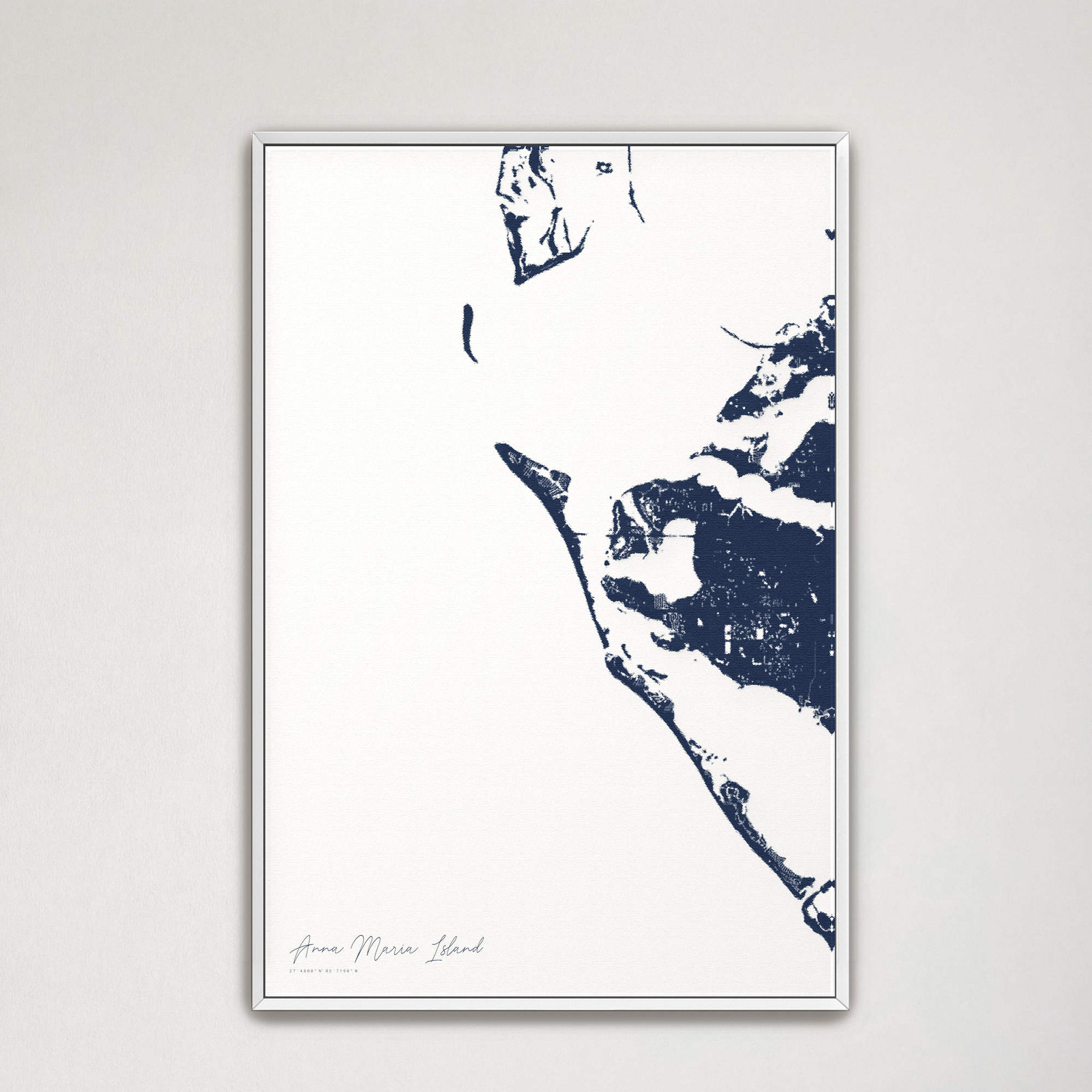 Anna Maria Island Coastal Map — Canvas Vertical, navy, White Frame