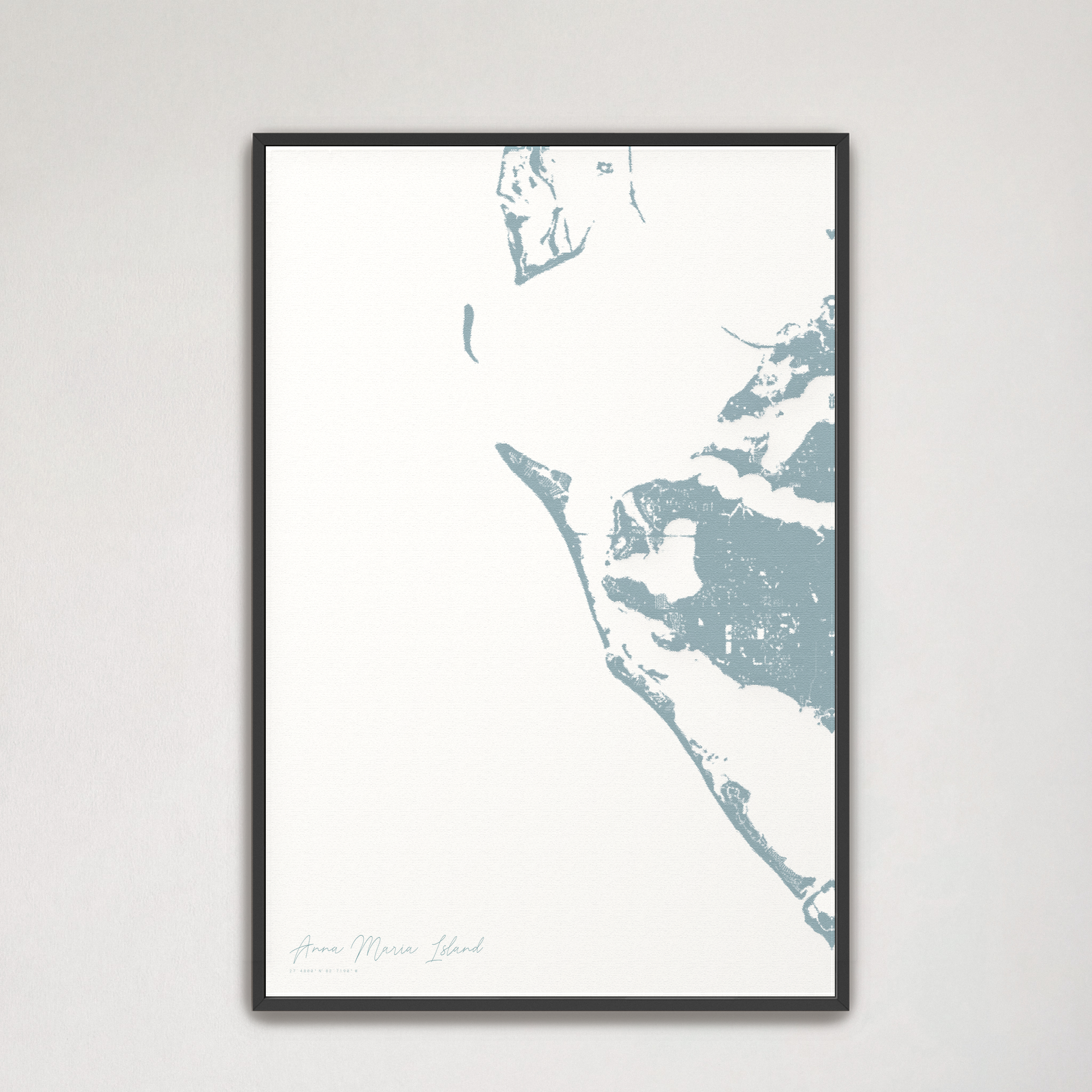 Anna Maria Island Coastal Map — Canvas Vertical, soft-blue, Black Frame