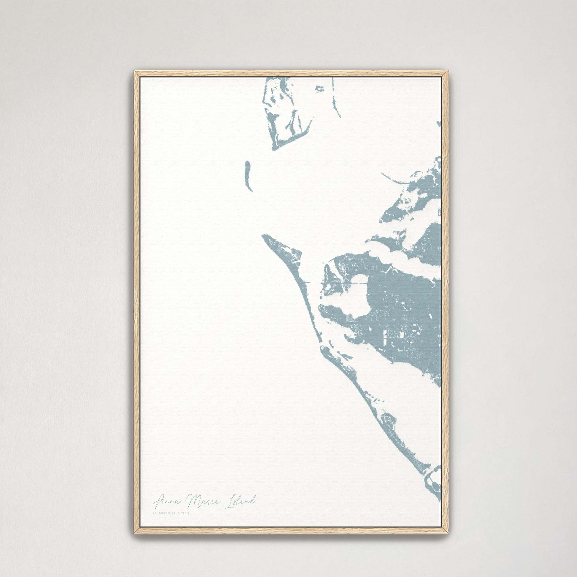 Anna Maria Island Coastal Map — Canvas Vertical, soft-blue, Natural Oak