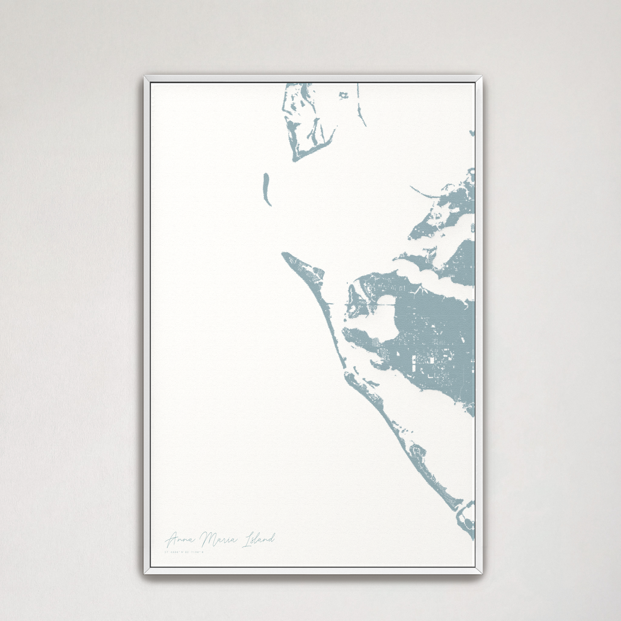 Anna Maria Island Coastal Map — Canvas Vertical, soft-blue, White Frame