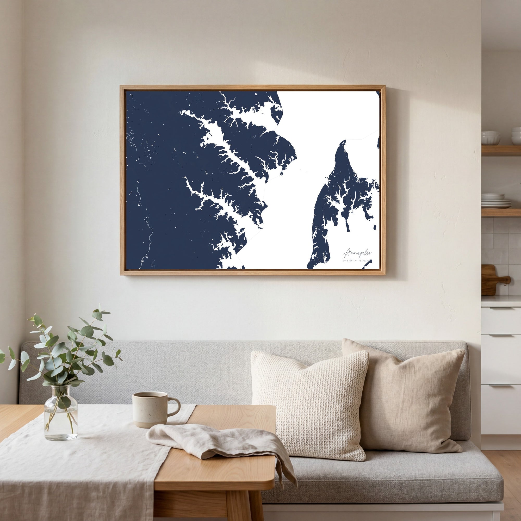 Annapolis navy horizontal canvas map in an oak framed room scene