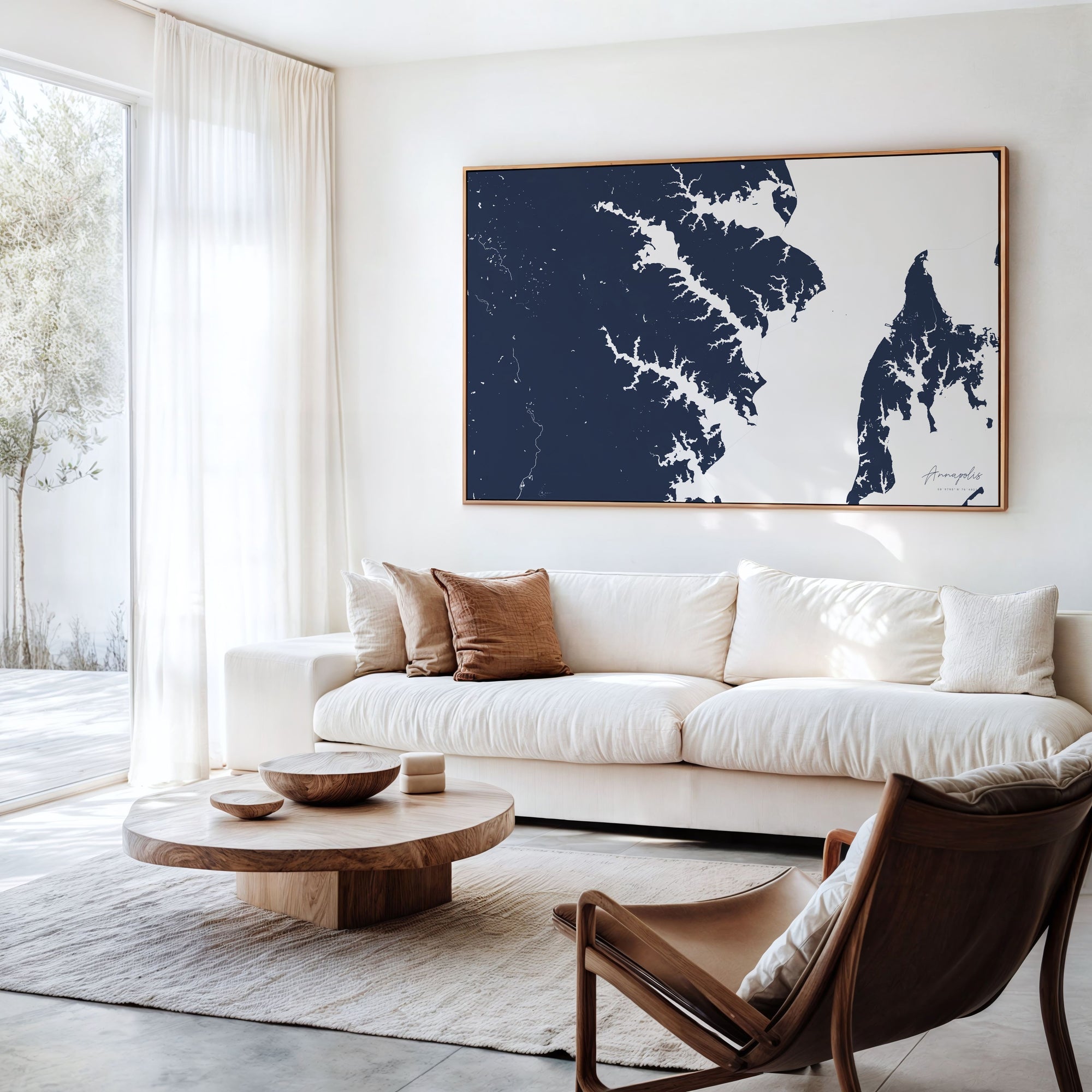 Annapolis navy horizontal canvas map in an oak framed room scene
