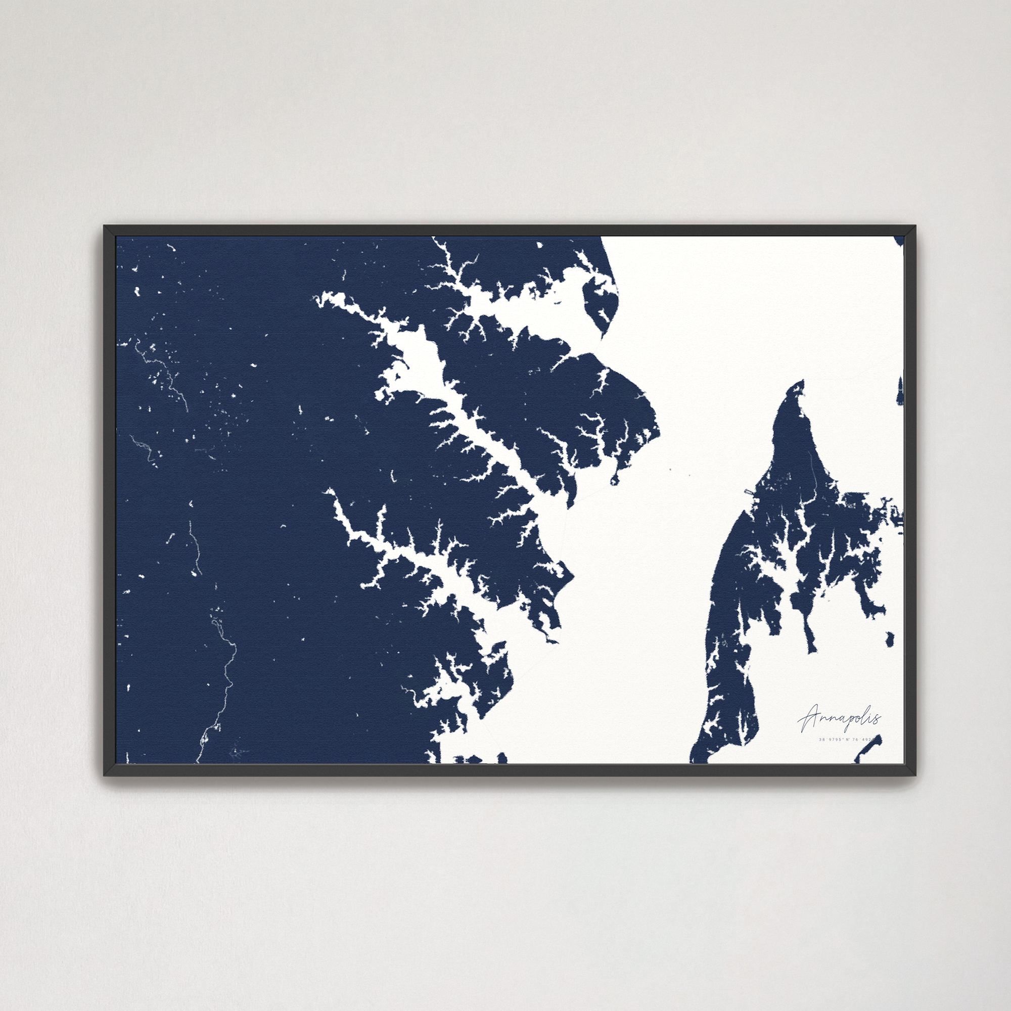 Annapolis Coastal Map — Canvas Horizontal, navy, Black Frame