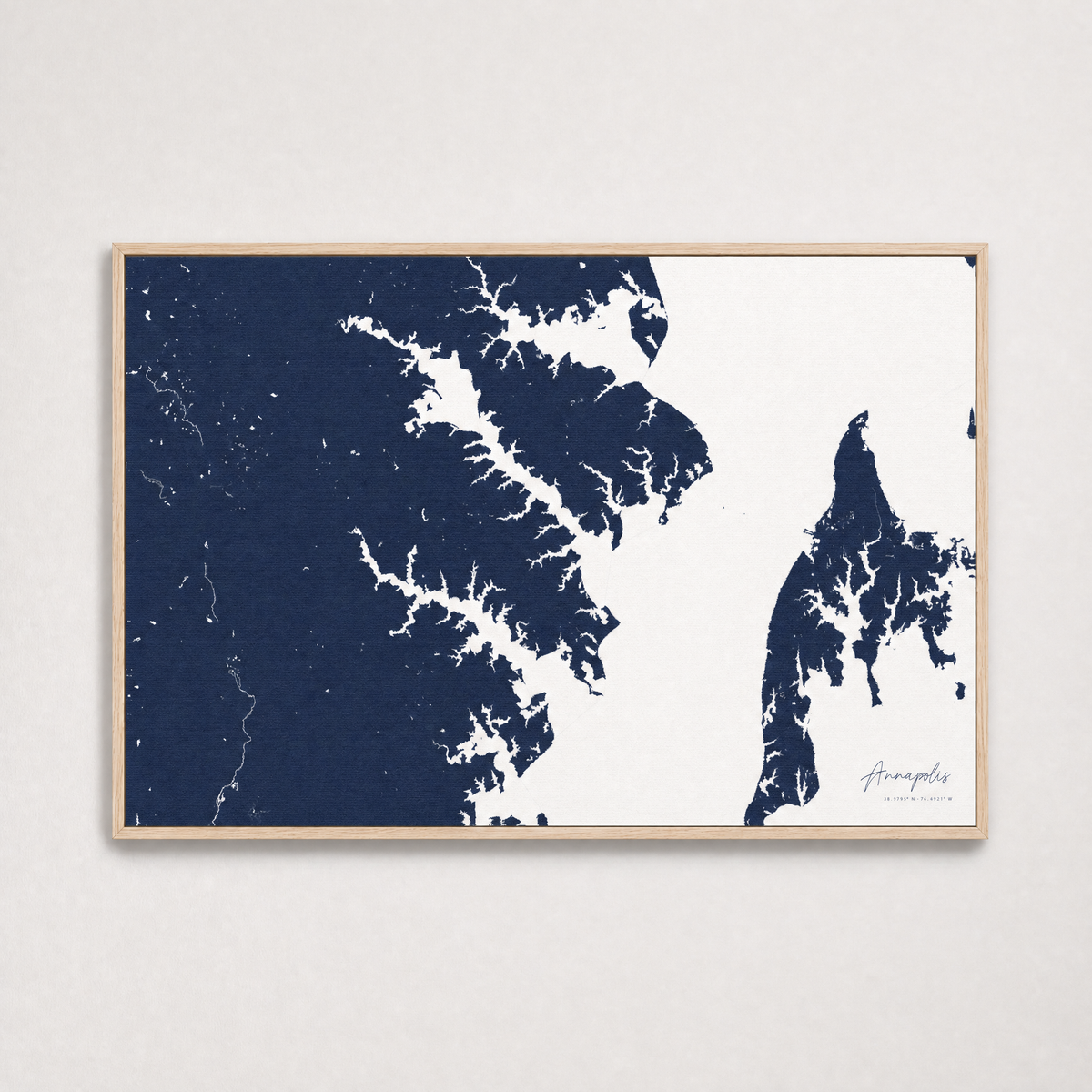Annapolis Coastal Map — Canvas Horizontal — navy, Light Wood